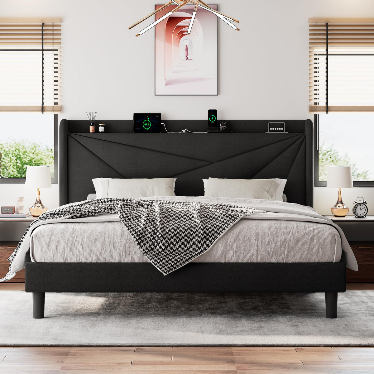 Einhomn King Size Upholstered Bed Frame With Charging Station, Platform Bed Frame With Storage Headboard, Solid Wood Slats Suppo