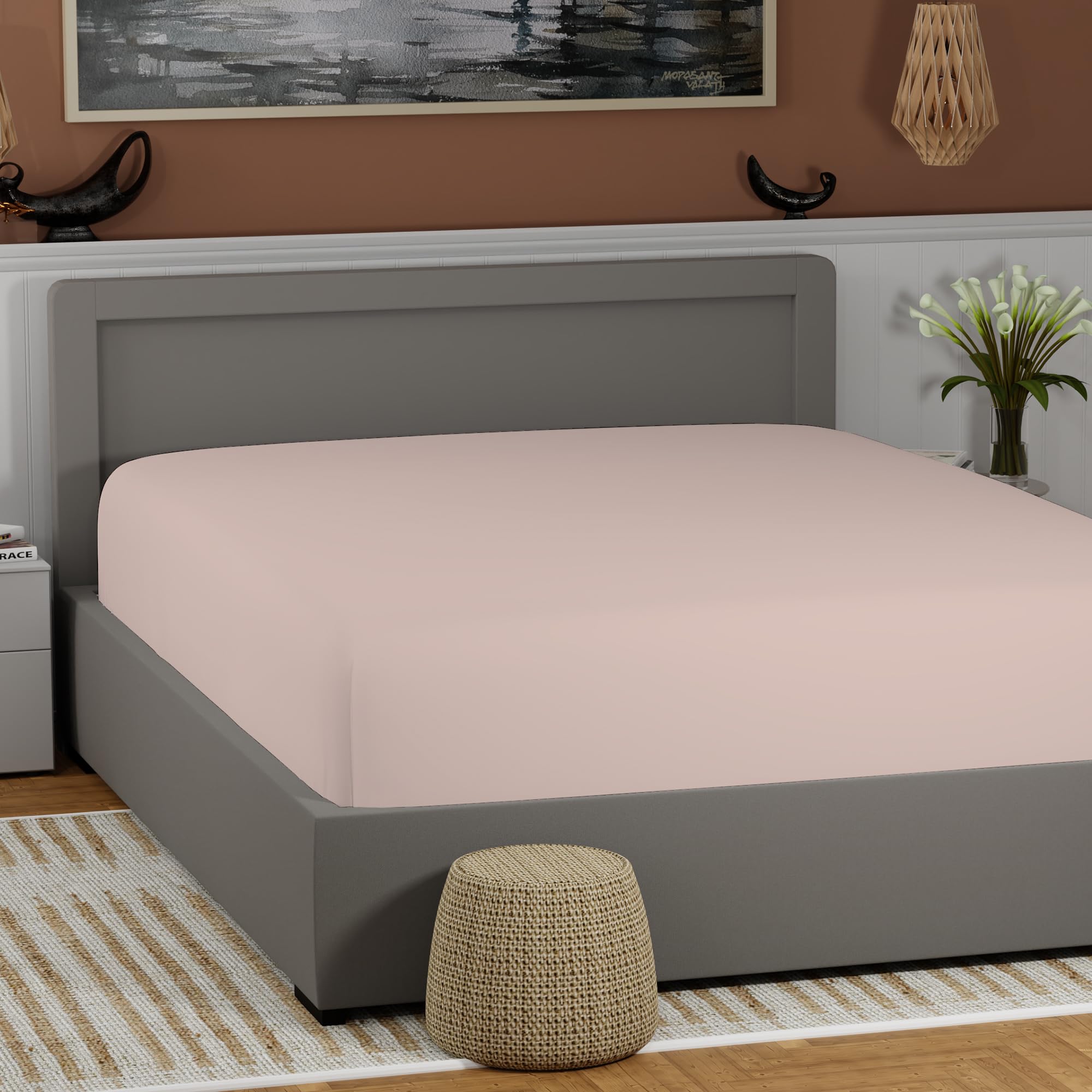 100% Cotton Soft Pink King Size Fitted Sheet Only, Lightweight & Breathable Bottom Sheet, Cool & Crisp Easy Fit 17 Deep Pocket K