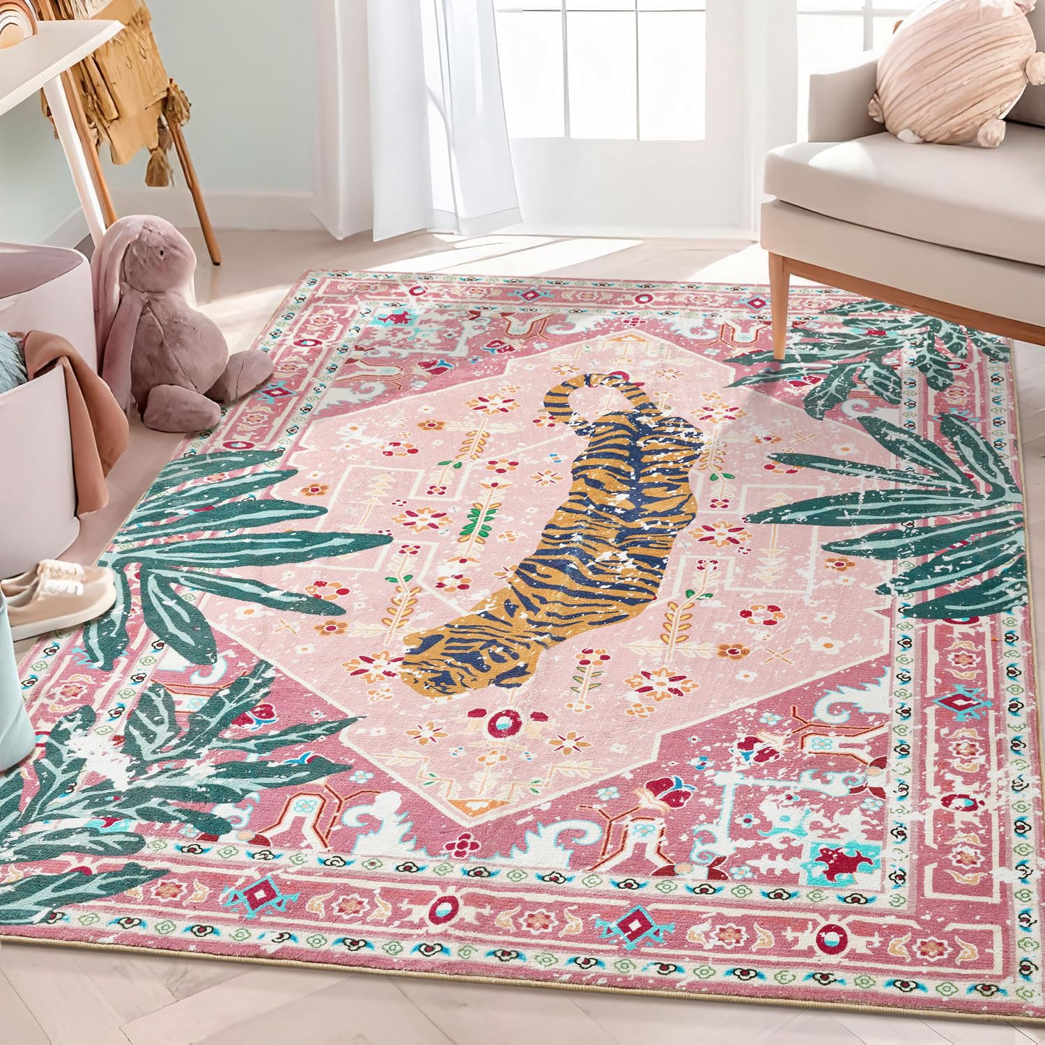 Aldopein Washable Bengal Tiger Rugs Boho Vintage Tropical Jungle 6x9 Area Rugs Pink Oriental Carpet for Bedroom Kitchen Dining L