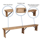 Flash Furniture Hercules Series 8' x 12' Commercial Grade Rustic Solid Pine Folding Bench, Antique Farmhouse 3 Leg Dining Bench, Seats up to 4 Adults