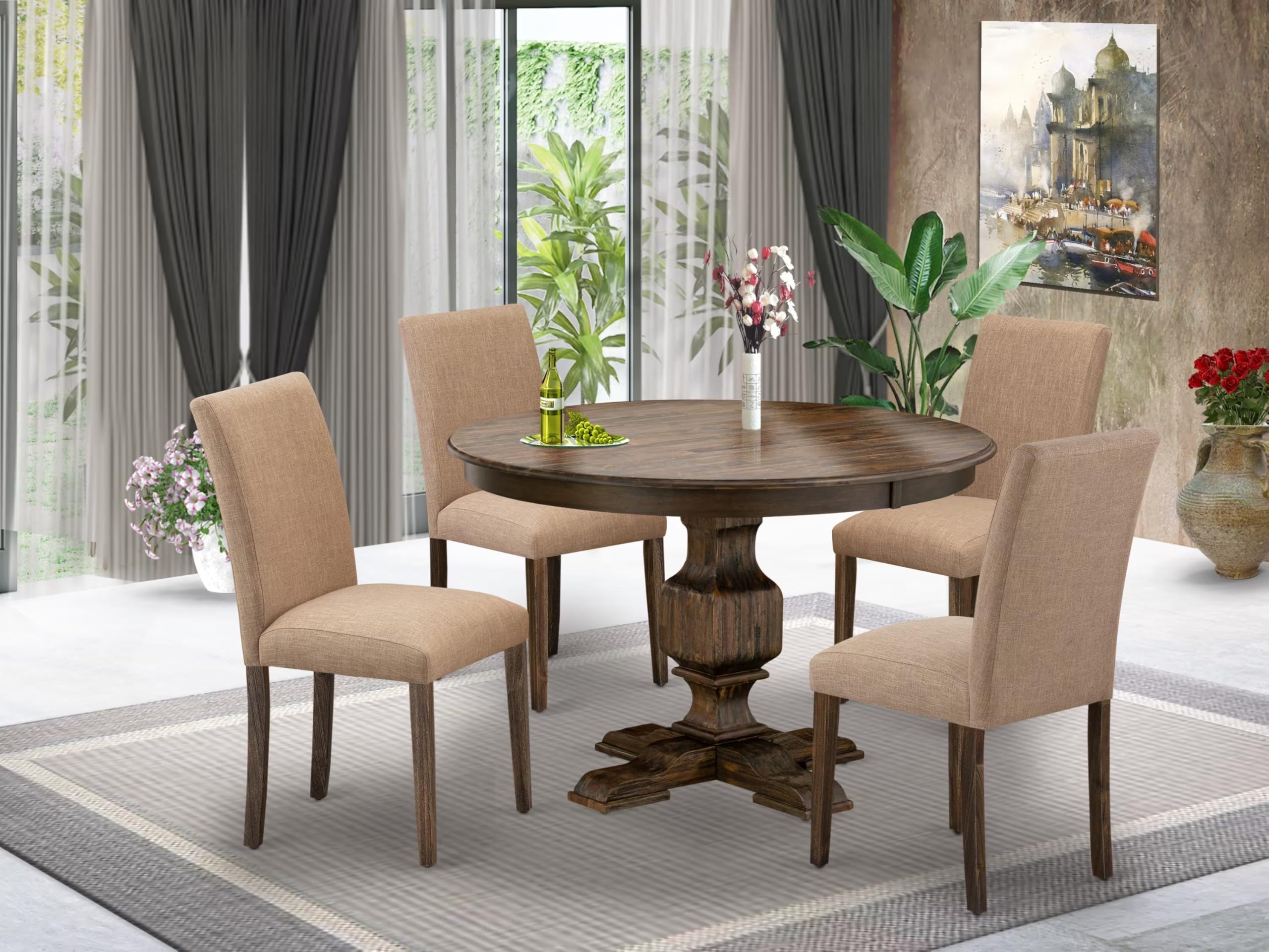 East West Furniture F3AB5-747 5 Piece Modern Dining Table Set Includes a Round Wooden Table with Pedestal and 4 Light Sable Linen Fabric Upholstered Chairs, 48x48 Inch, Distressed Jacobean