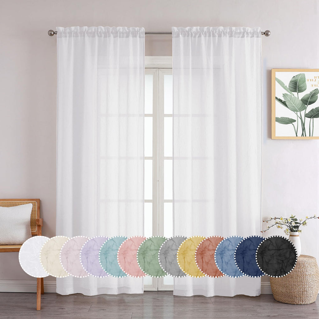 Chyhomenyc Crushed Sheer White Curtains 72 Inch Length 2 Panels, Light Filtering Solid Crinkle Voile French Door Curtian For Bed