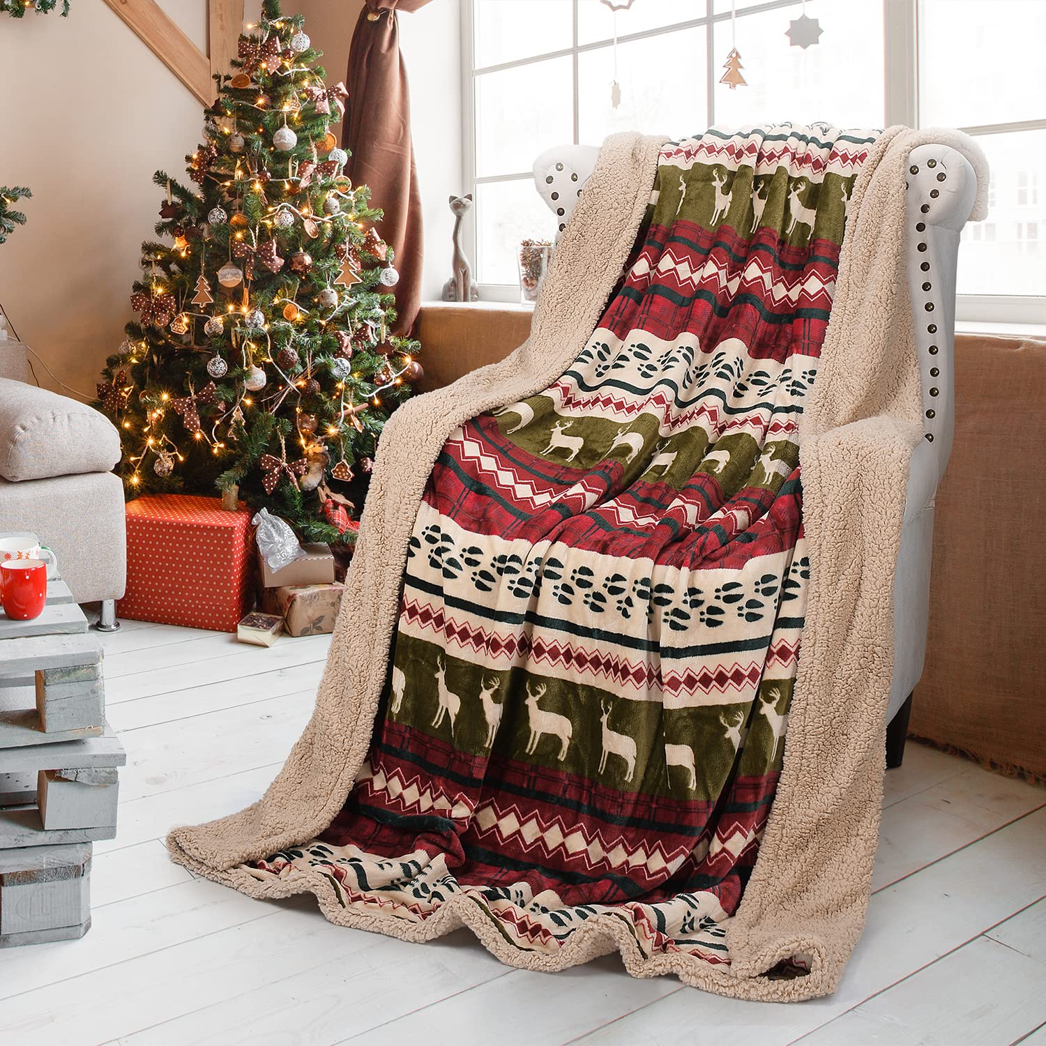Christmas Sherpa Blanket Plush Throw In Twin Size 60' X 80', Fleece Reversible Blankets For Bed And Couch, Super Soft Comfy Wa