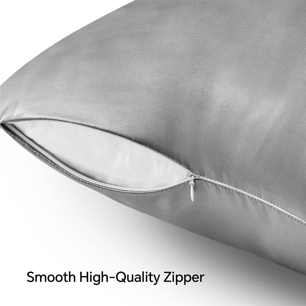 Bedelite Satin Pillowcase With Zipper, Grey King Size Pillow Cases Set Of 2, Super Soft And Cooling Similar To Silk Pillow Cases