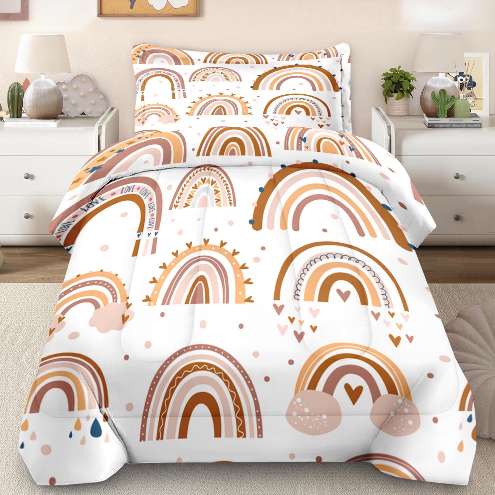 Pamnest Comforter Set Twin Size, Boho Rainbow Pink Soft 2 Pcs Bedding For Kids And Adults, Love Colorful Nursery Comforter Set W