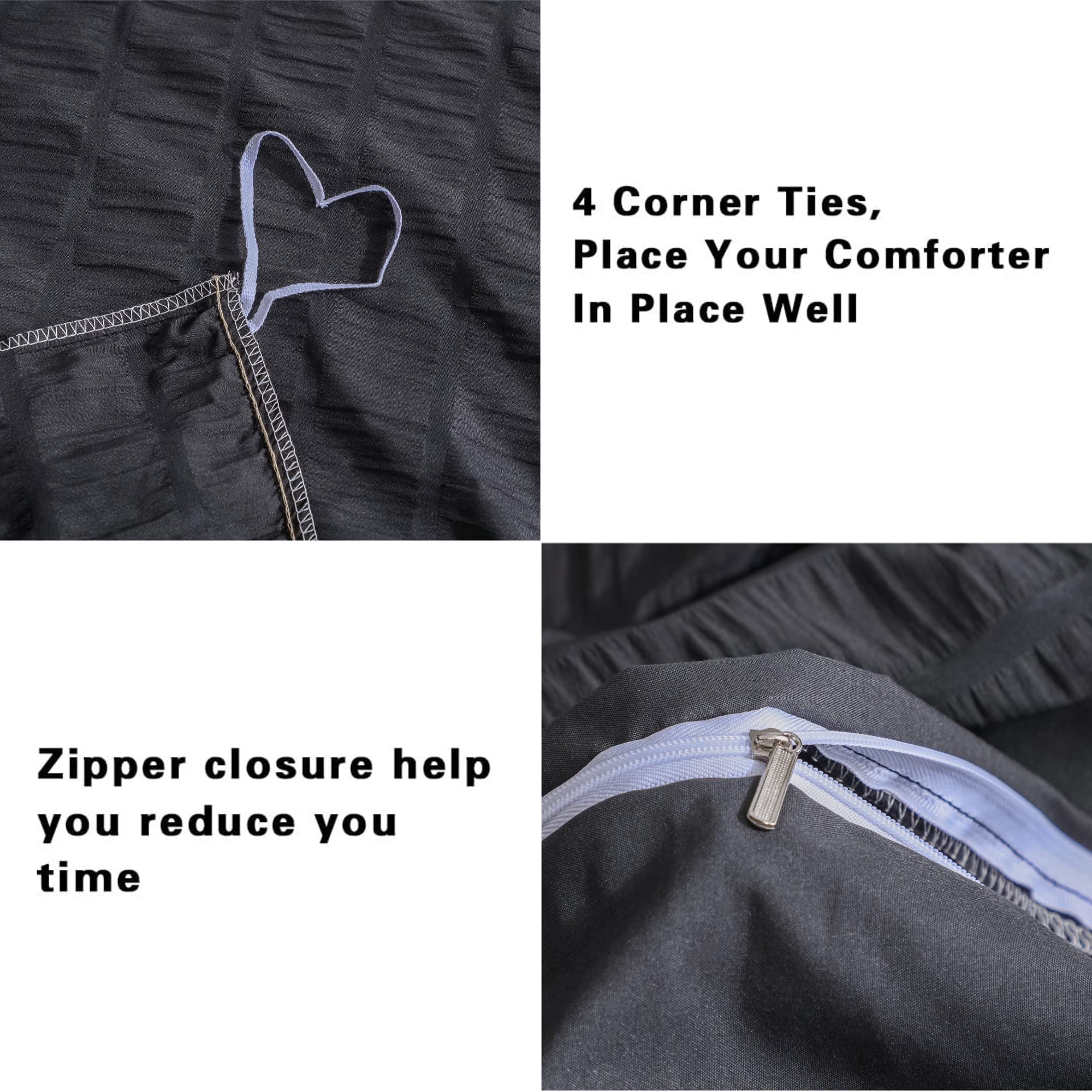 Avelom Seersucker Duvet Cover Set Queen Size (90 X 90 Inches), 3 Pieces (1 Duvet Cover + 2 Pillow Cases), Black Ultra Soft Washed Microfiber, Textured Duvet Cover With Zipper Closure, Corner Ties