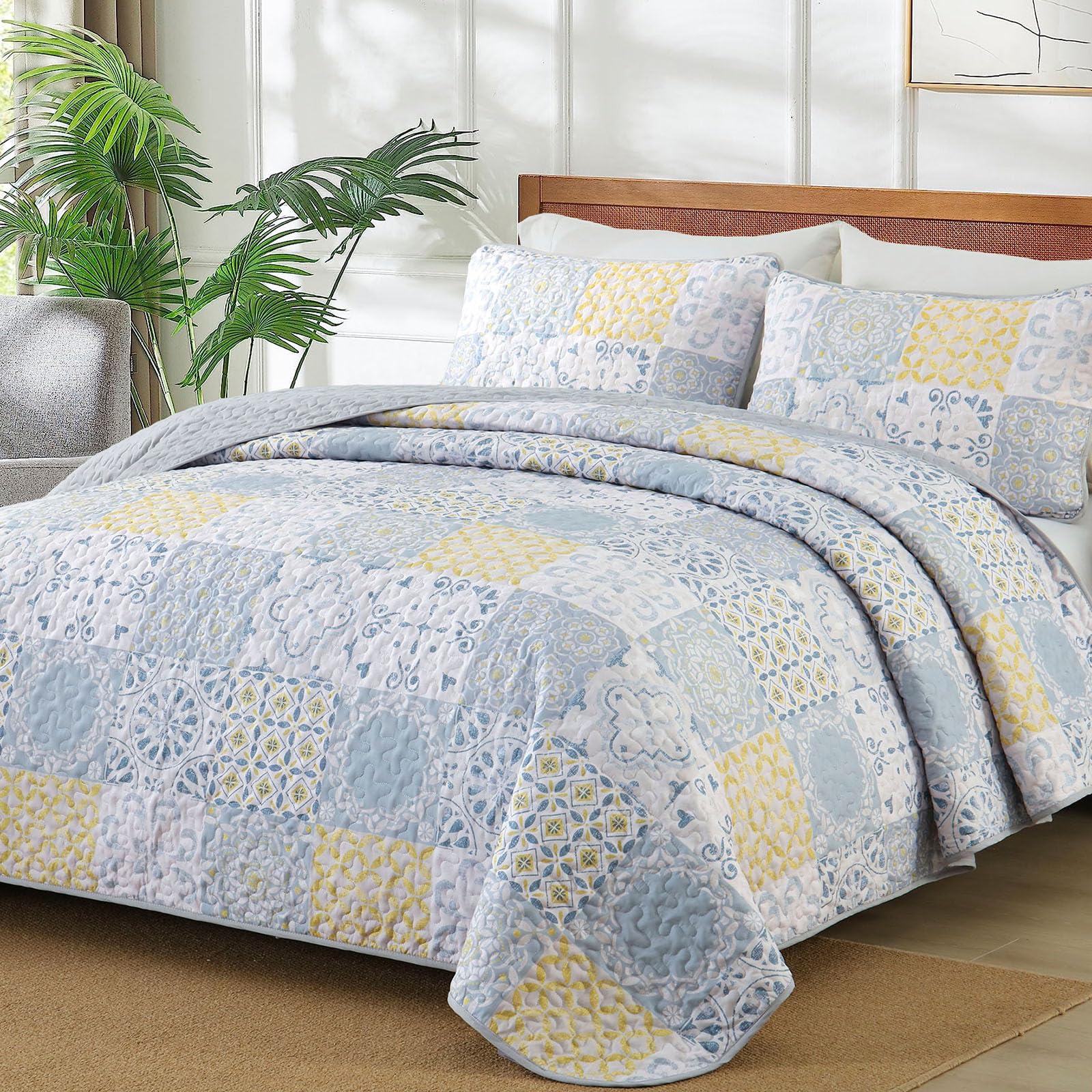 Dobuyly Queen Quilt Set 3 Pieces, Blue/Yellow/Grey Patchwork Bedspreads, Boho Summer Coverlet Set, Soft Lightweight Microfiber B