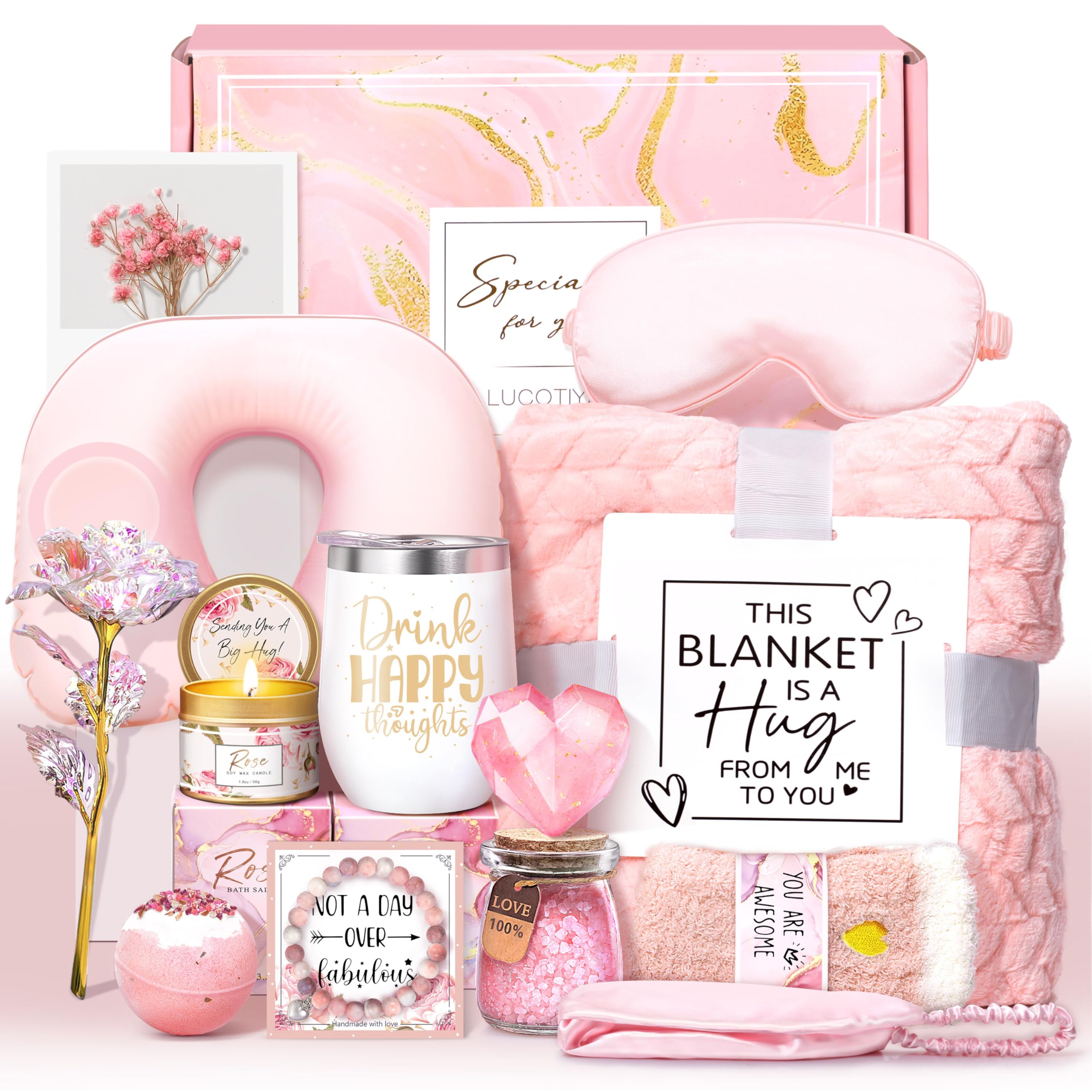 Lucotiya Birthday Gifts For Women Self Care Gifts Get Well Soon Gifts For Women,Rose Relaxing Spa Gifts Basket With Blanket Care