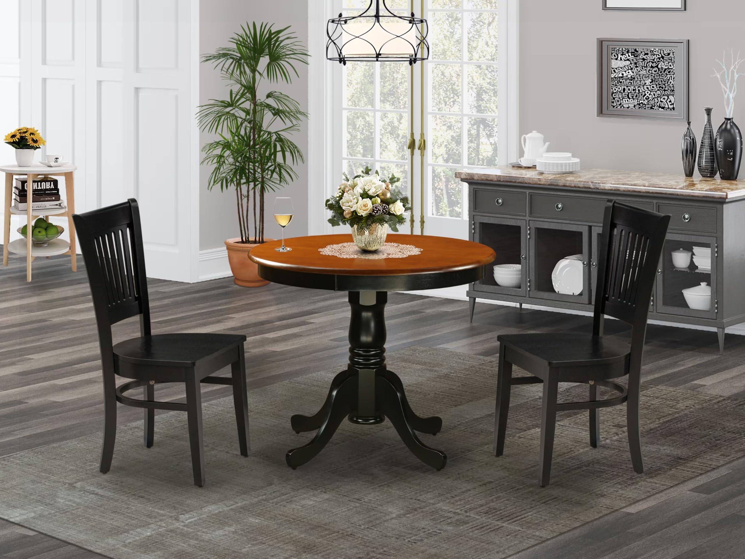 East West Furniture Anva3-Blk-W 3 Piece Kitchen Table Set For Small Spaces Contains A Round Dining Room Table With Pedestal And 2 Dining Chairs, 36X36 Inch, Black