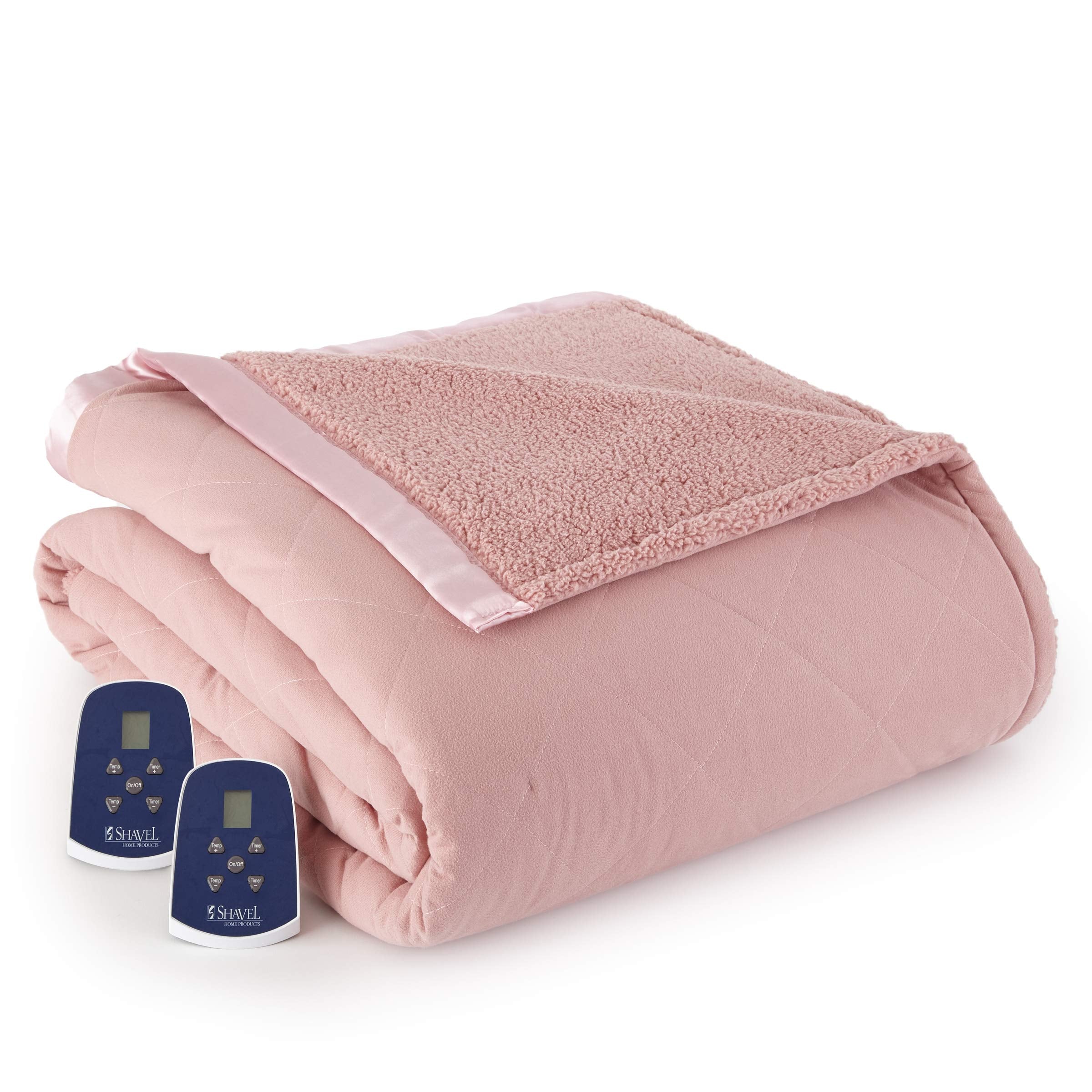 Thermee Micro Flannel Queen-Size Heated Electric Blanket With Sherpa, Machine Wash & Dry, Timer & Safety Shutoff, 90Lx84W, Blush
