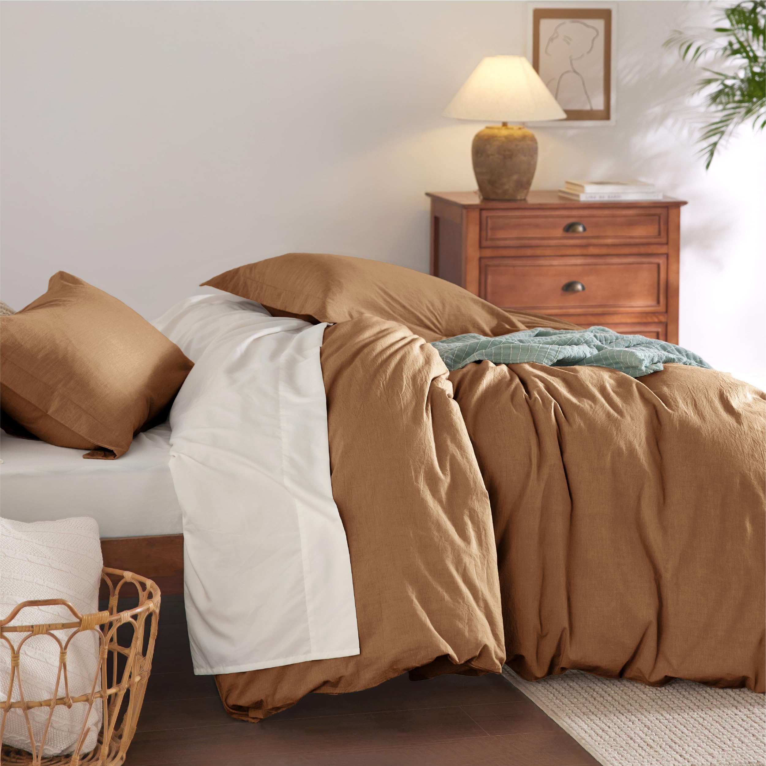 Bedsure 100% Washed Cotton Duvet Cover King Size - Brown Minimalist Cotton Duvet Cover Linen Like - 3 Pieces Gentlesoft™ Plain Simple Bedding Set With 2 Pillow Shams (Brown, King, 104'X90')