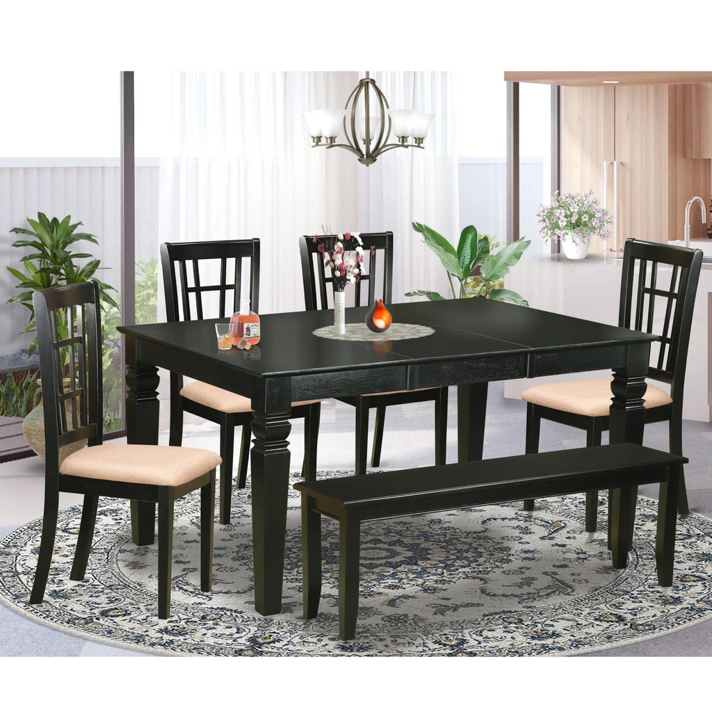 East West Furniture WENI6D-BLK-C 6 Piece Kitchen Table Set Contains a Rectangle Dining Table with Butterfly Leaf and 4 Linen Fabric Dining Chairs with a Bench, 42x60 Inch, Black