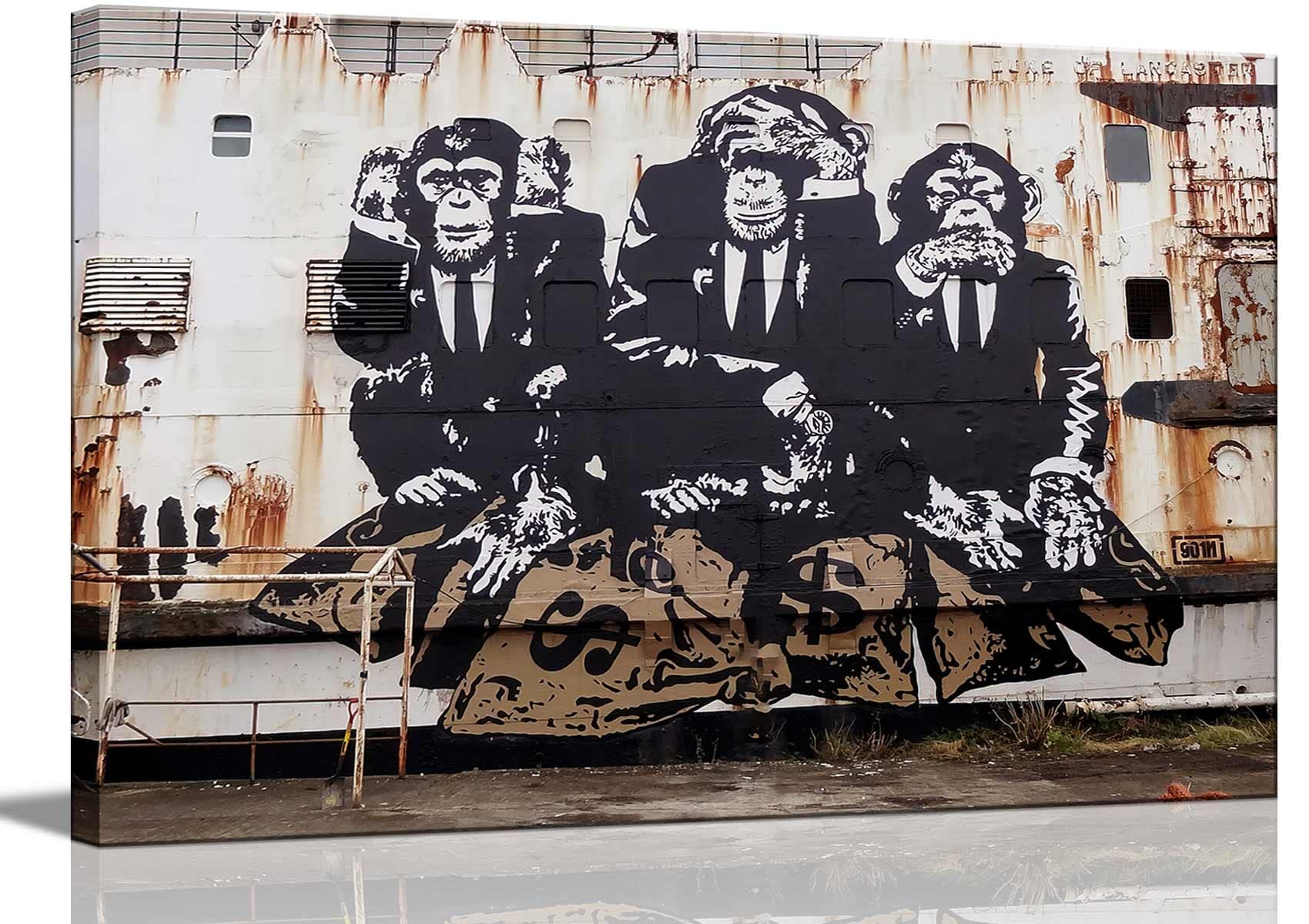 3 Wise Monkeys Graffiti Banksy Canvas Wall Art Dont Listen Dont Look Dont Talk Teen Boy Room Picture Wall Decor Man Cave Gori