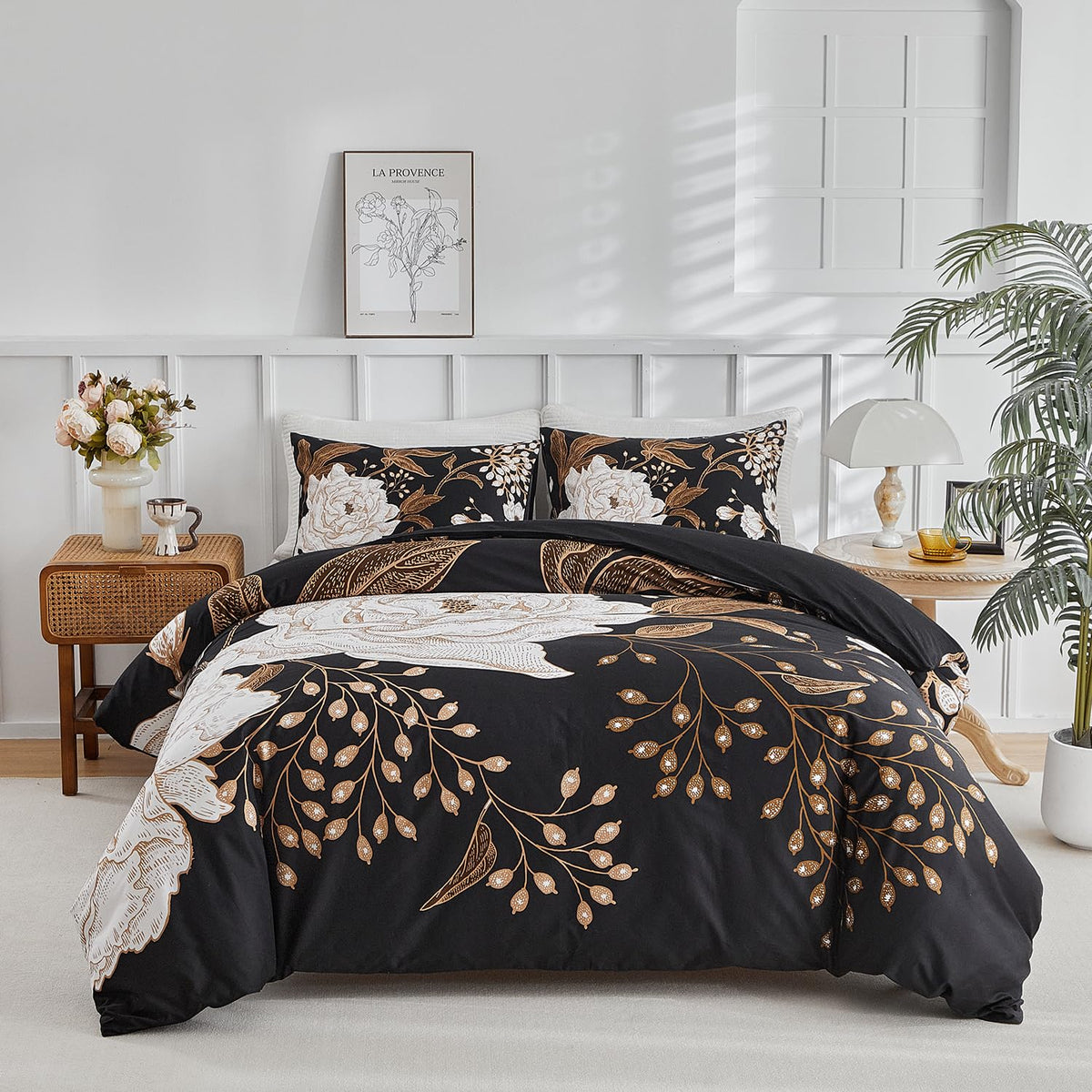 Mixinni Floral Duvet Cover King Size, 3 Pieces White Flowers And Gold Leaves Printed On Black Bedding Set, Soft Premium Cotton R