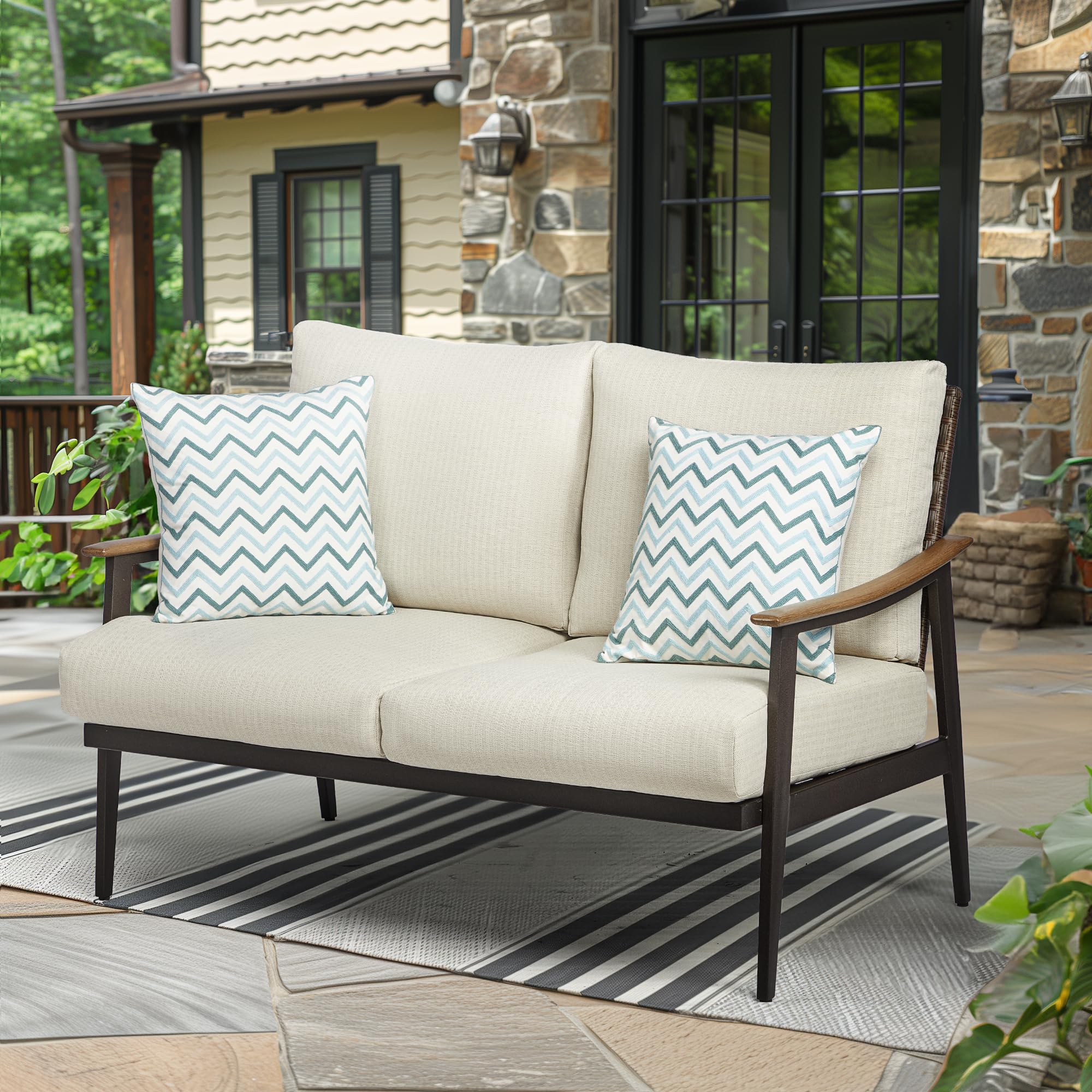 Natural Expressions Patio Sofa Outdoor Furniture Metal Chair With Wicker Backrest & 6 Inches Cushion For Indoor, Front Porch, De