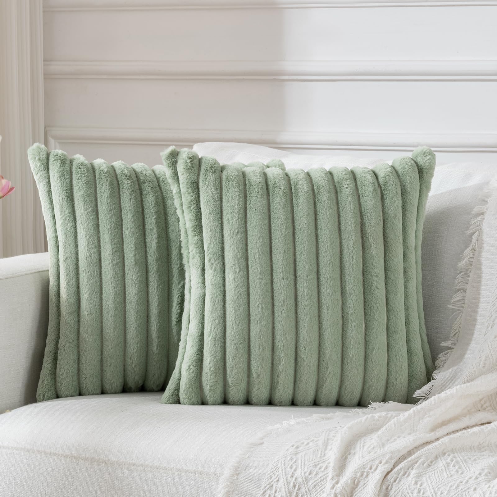 BBiggood Sage Green Throw Pillow Covers 16x16 Set of 2, Soft Cozy Velvet Striped Decorative Cushion Covers Faux Rabbit Fur Pillo