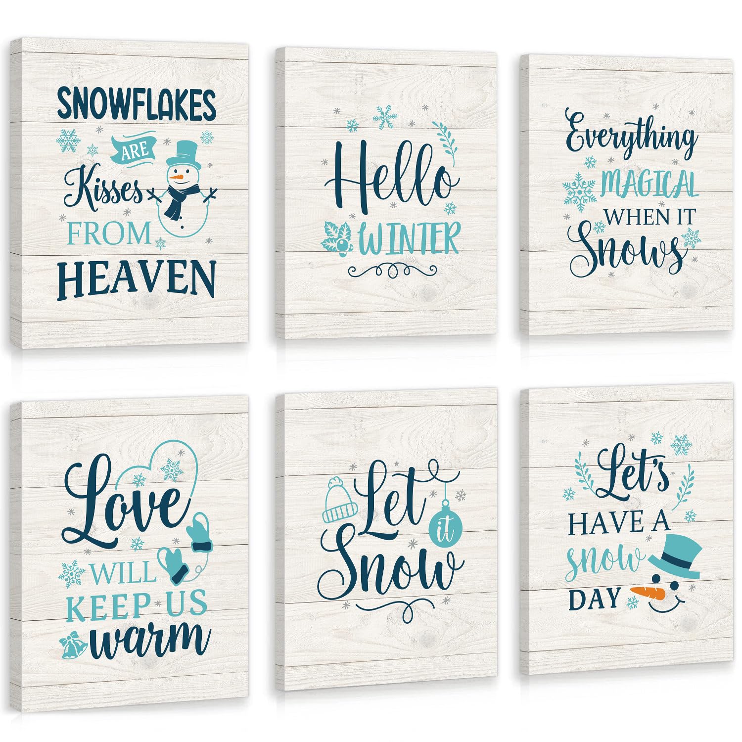KAIRNE Christmas Hello Winter sign Snowman Wall Art Set of 6(8   x10   ) Inspirational Canvas Artwork White Winter Let It Snow A