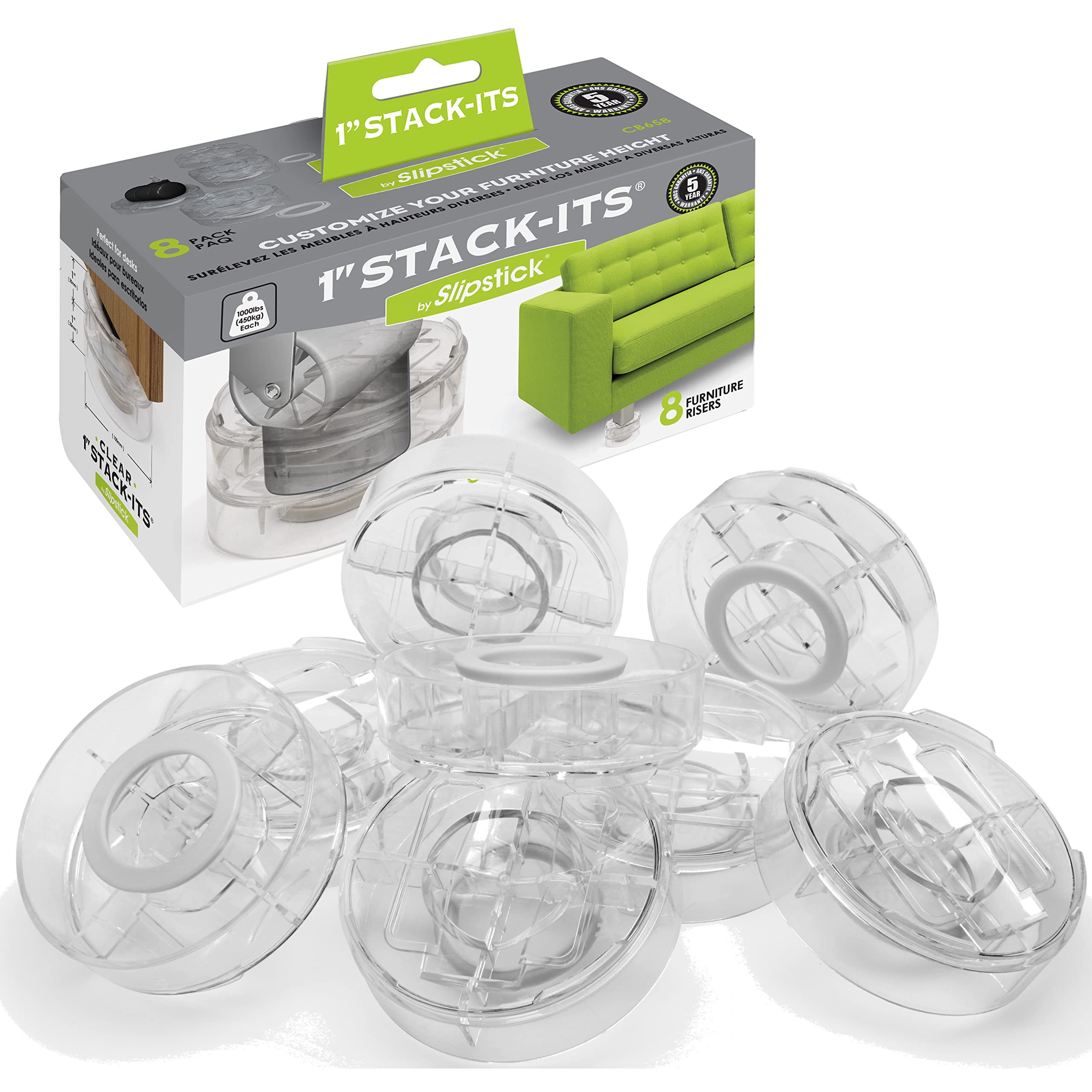 Slipstick Cb658 Stack-Its 1 Inch Adjustable Bed Risers/Furniture Risers (Set Of 8) Lifts Height 1', 2', Or 3' When Stacked -