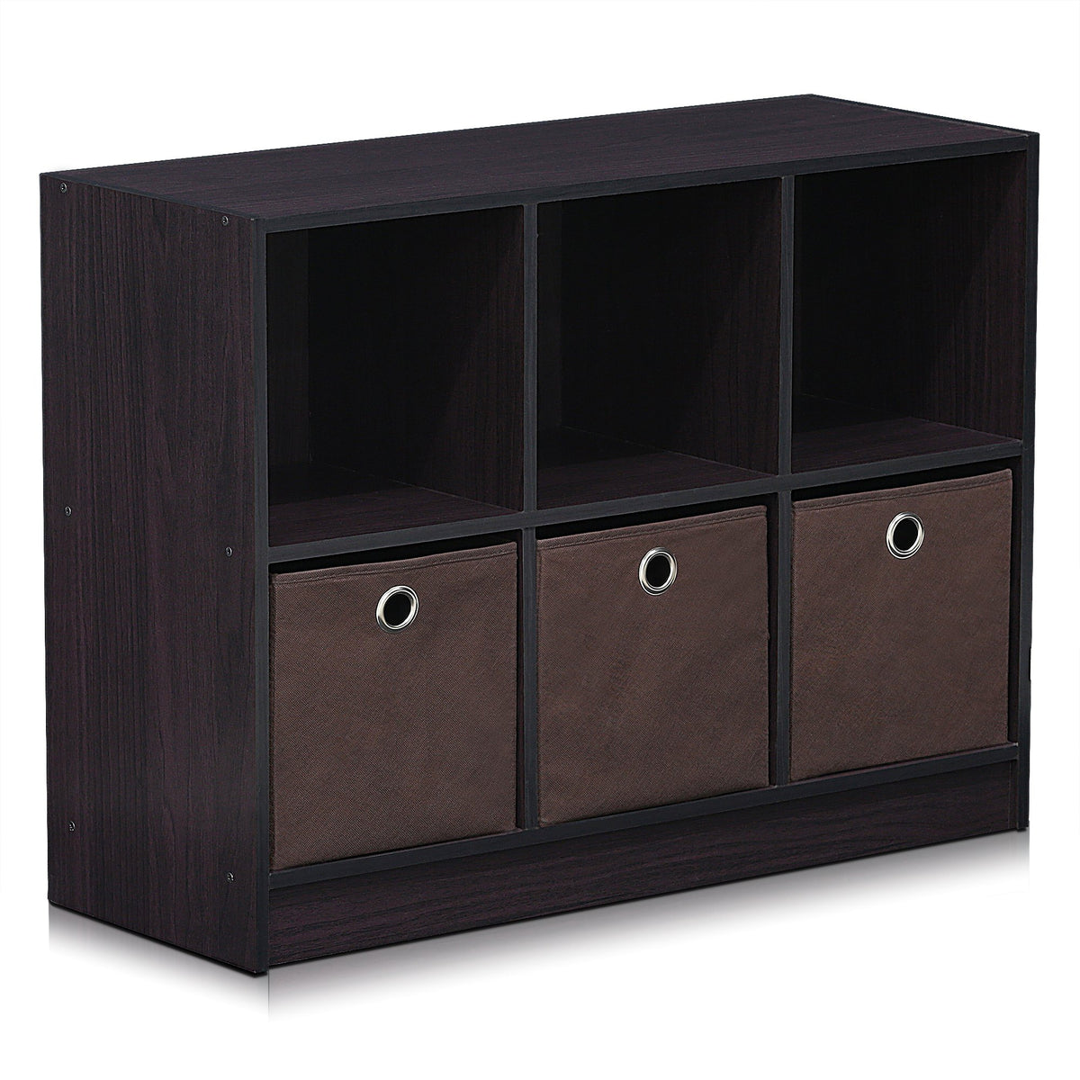 Furinno Basic 3x2 Cube Storage Bookcase Organizer with Bins, Dark Walnut