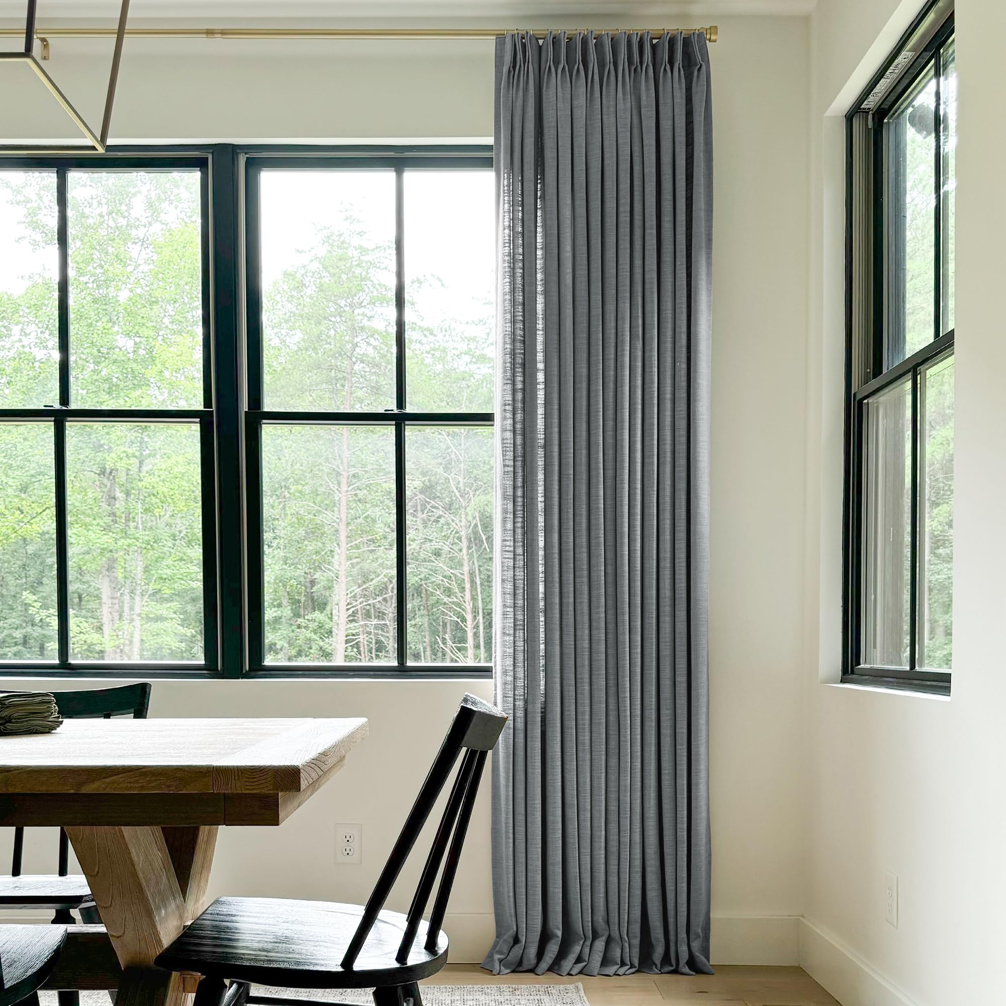 Twopages Double Layer Lined Pinch Pleated Curtain Dark Grey Linen Blend Light Filtering Room Darkening Curtain For Kitchen, Wind