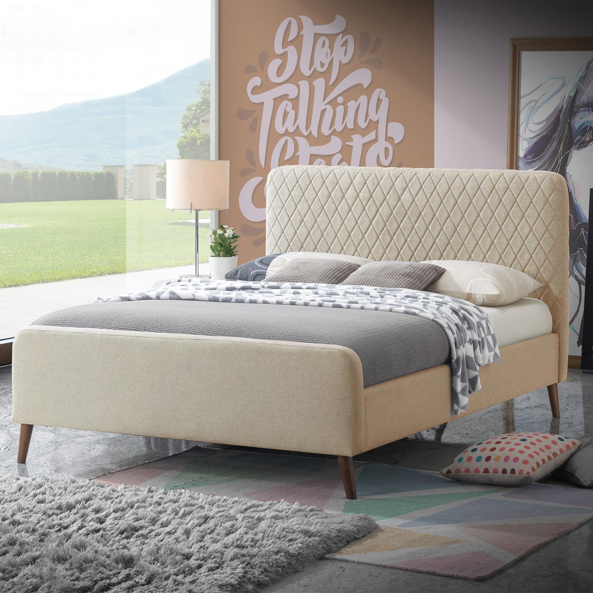 Better Home Products Roza Velvet Upholstered Queen Bed with Headboard Champaign