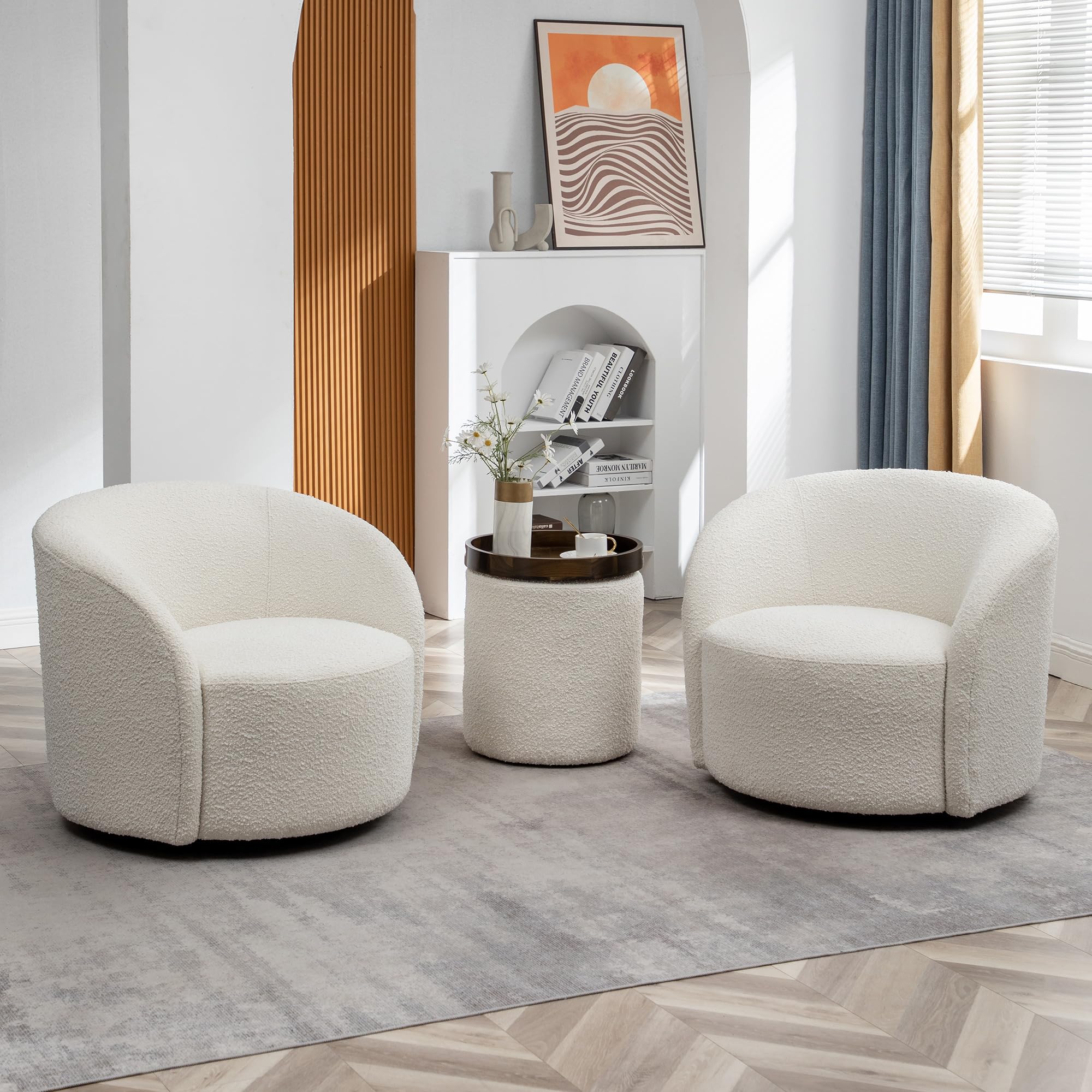 Kinwell 34' W Swivel Barrel Chair Set Of 2, Mid Century Modern Round Upholstered Boucle Swivel Accent Chairs, No Assembly Sofa