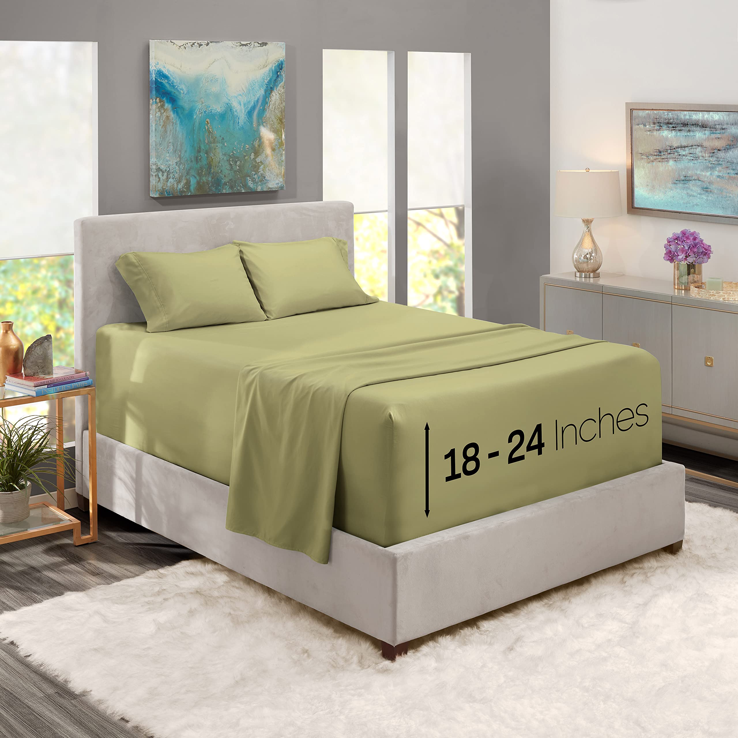 Nestl Extra Deep Pocket Sheets - Fits Mattress 18-24 Inches Deep, Extra Deep Pocket Twin Sheets Sets, 4 Piece Twin Size Sheets, Twin Sheets Deep Pocket, Sage Olive Green Sheets