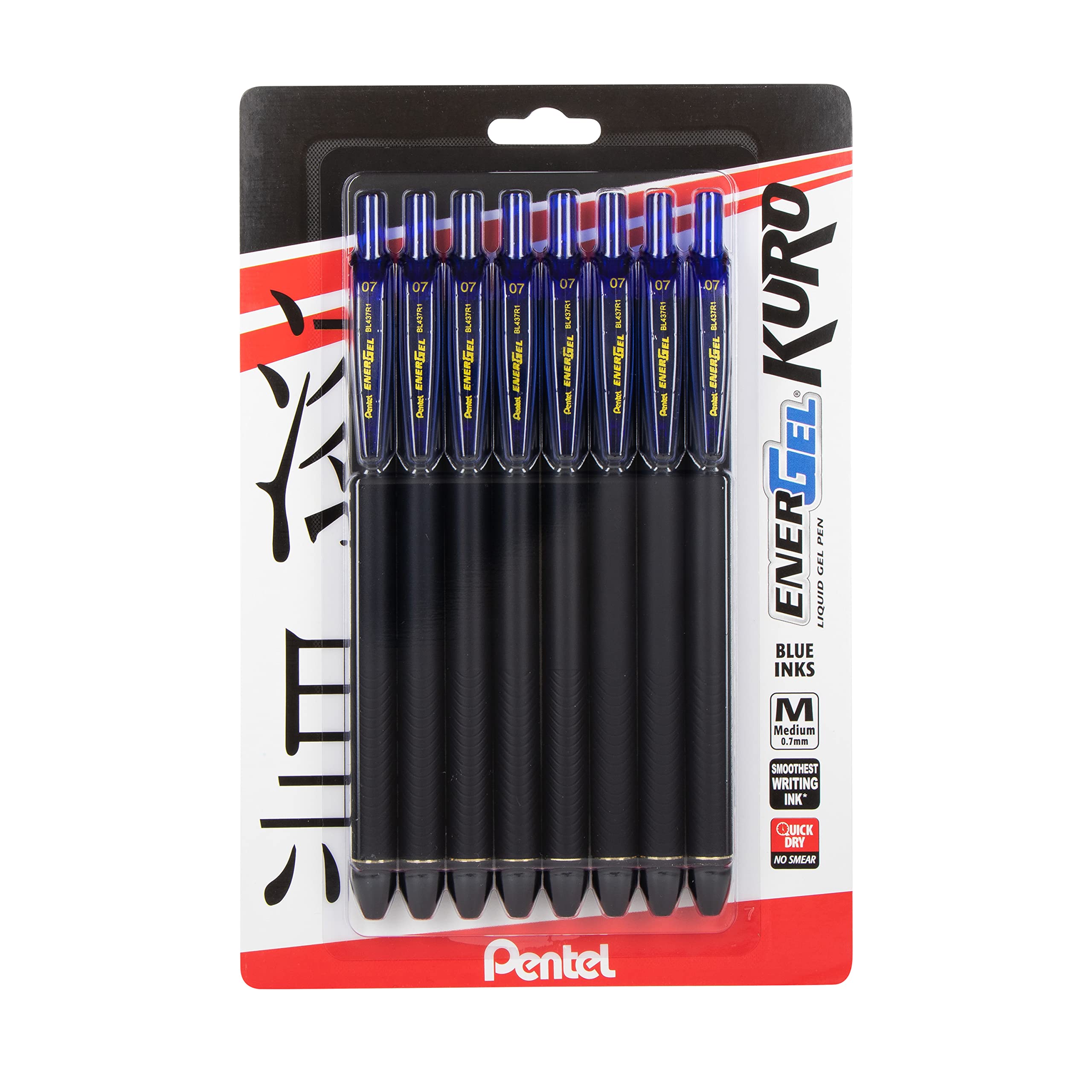 Pentel Energel Kuro Liquid Gel Pen, (0.7Mm) Medium Line, Blue Ink, 8 Pack