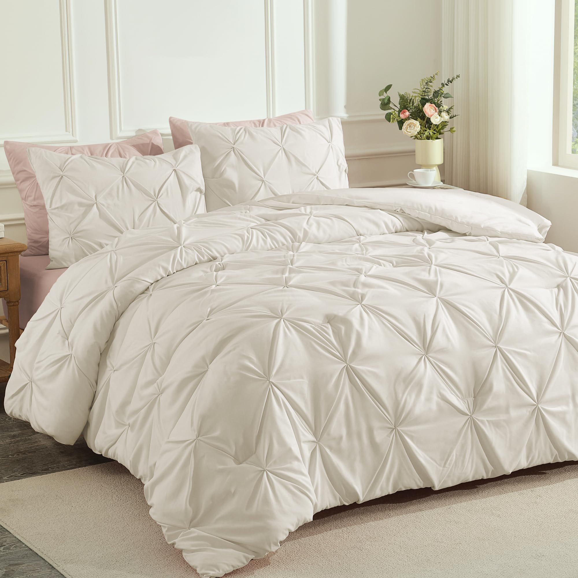 Andency Beige Comforter Set Twin(66X90Inch), 2 Pieces Twin Size Comforter For Girls Kids, Soft Microfiber Pinch Pleat Comforter Set, All Season Lightweight Bedding Comforter Set