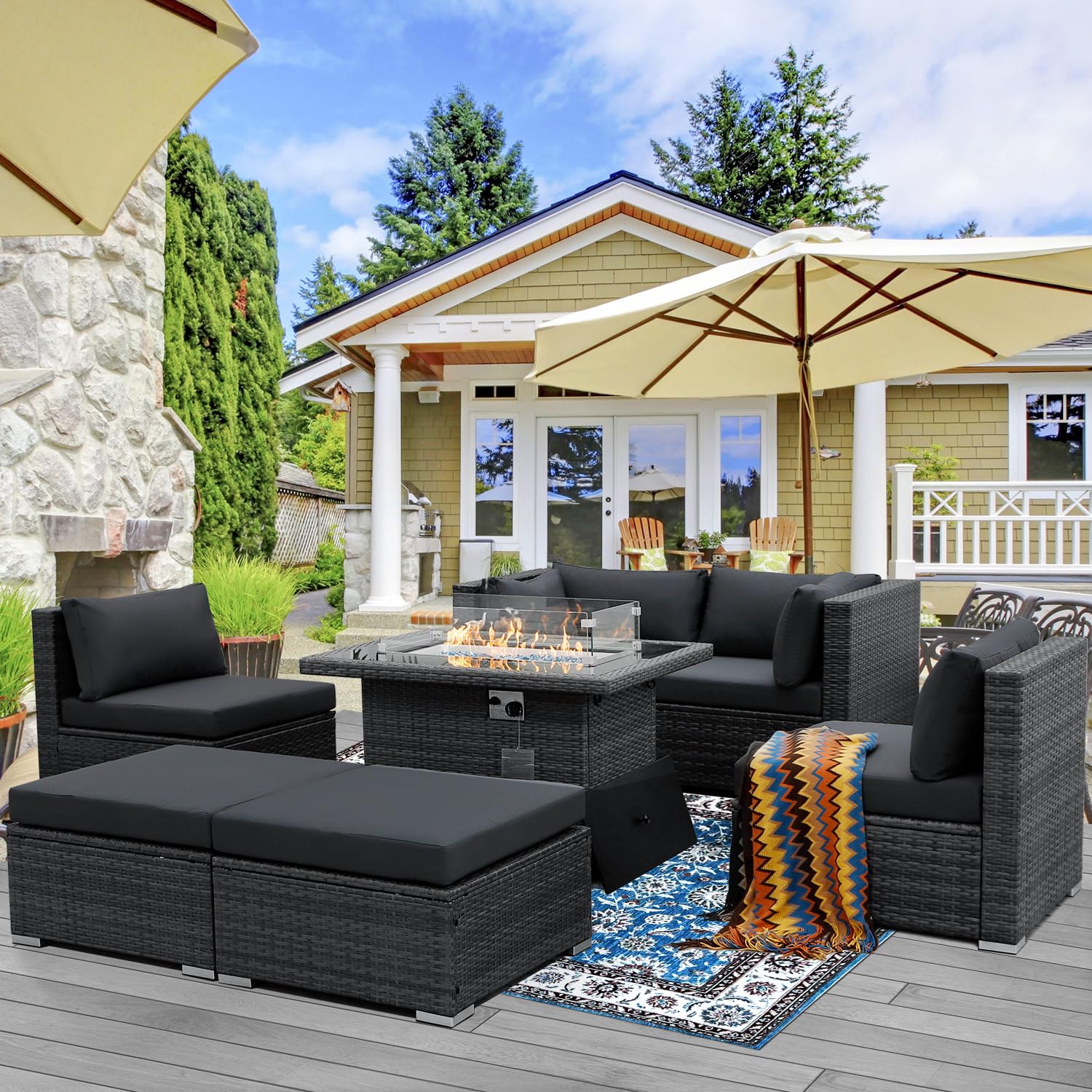 Nicesoul 7-Piece Extra Large Modern Patio Furniture Set With Natural Gas/Propane Fire Pit Table, Comfy Outdoor Sectional Sets, Dark Grey Modular Sofa For Outside, Backyard, Garden, Poolside, Deck