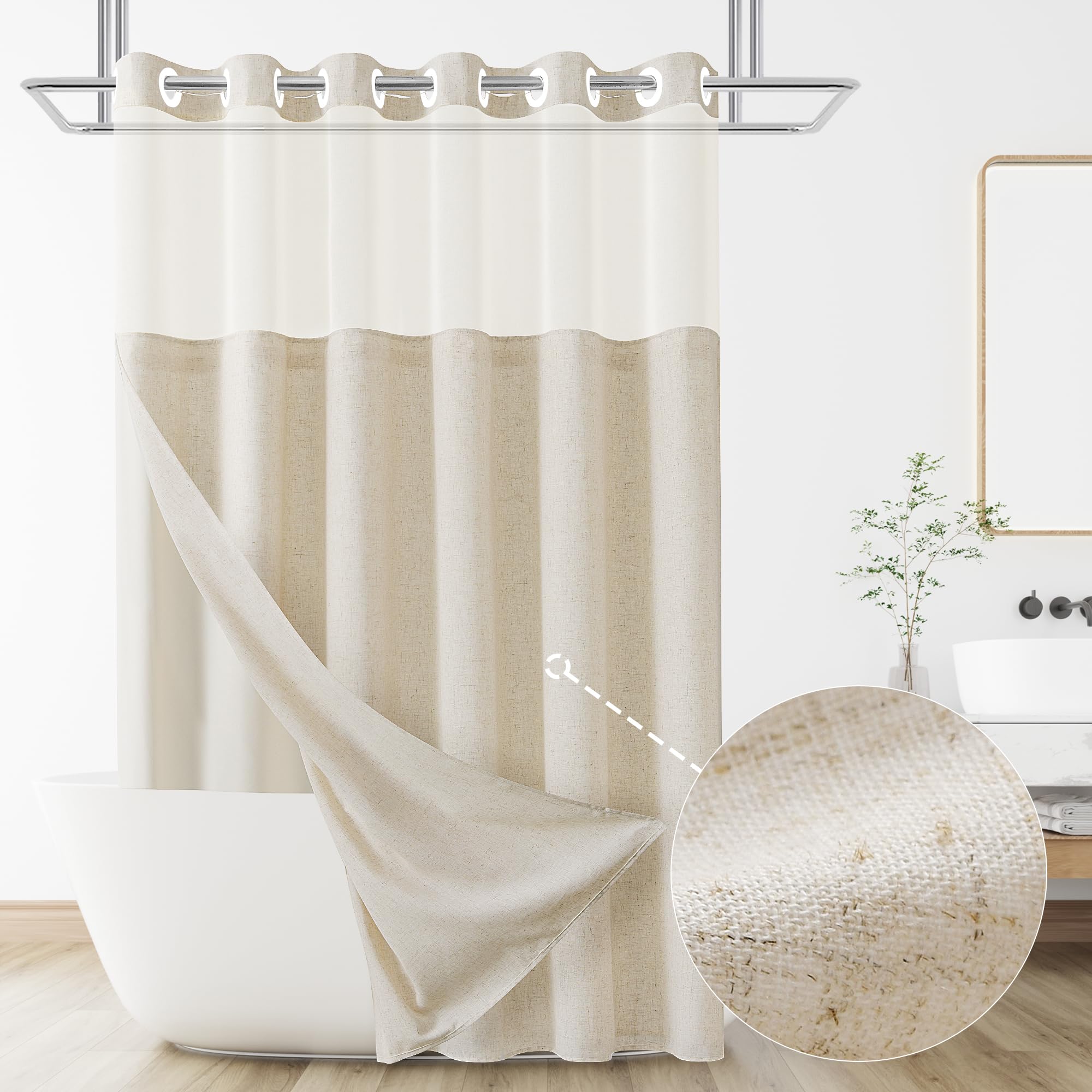 Jowels Linen No Hook Shower Curtain and Liner, Beige No Hooks Shower Curtain Set Top See Through Shower Curtain with Snap in Lin