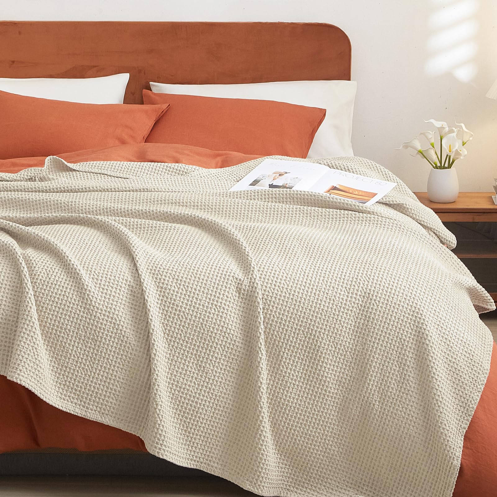 Phf 100% Cotton Waffle Weave Blanket Queen Size 90'X90' - Lightweight Cozy Washed Soft Breathable Throw - Great Layer For Couch Bed Sofa - Elegant Aesthetic Home Decoration Gift-Linen