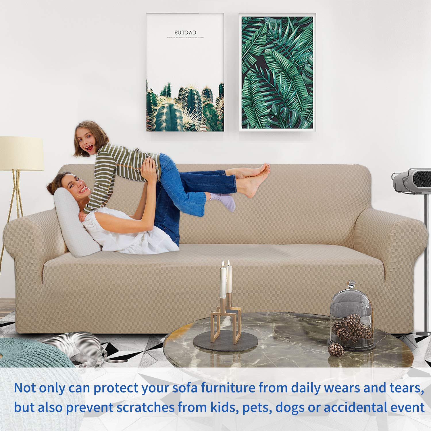 Znsayotx 1 Piece Jacquard Couch Covers For 2 Cushion Couch High Stretch Loveseat Slipcover For Pets Dogs Anti Slip Love Seat Sofa Slipcover Furniture Protector (Loveseat, Khaki)