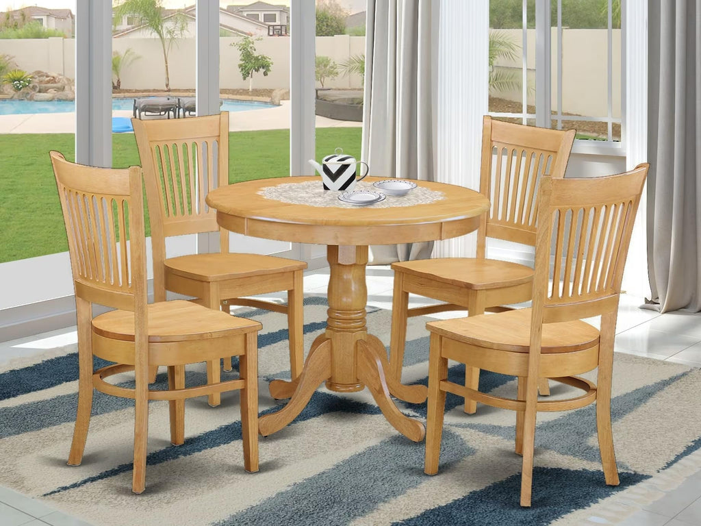 East West Furniture ANVA5-OAK-W 5 Piece Dining Set Includes a Round Dining Room Table with Pedestal and 4 Wood Seat Chairs, 36x36 Inch, Oak