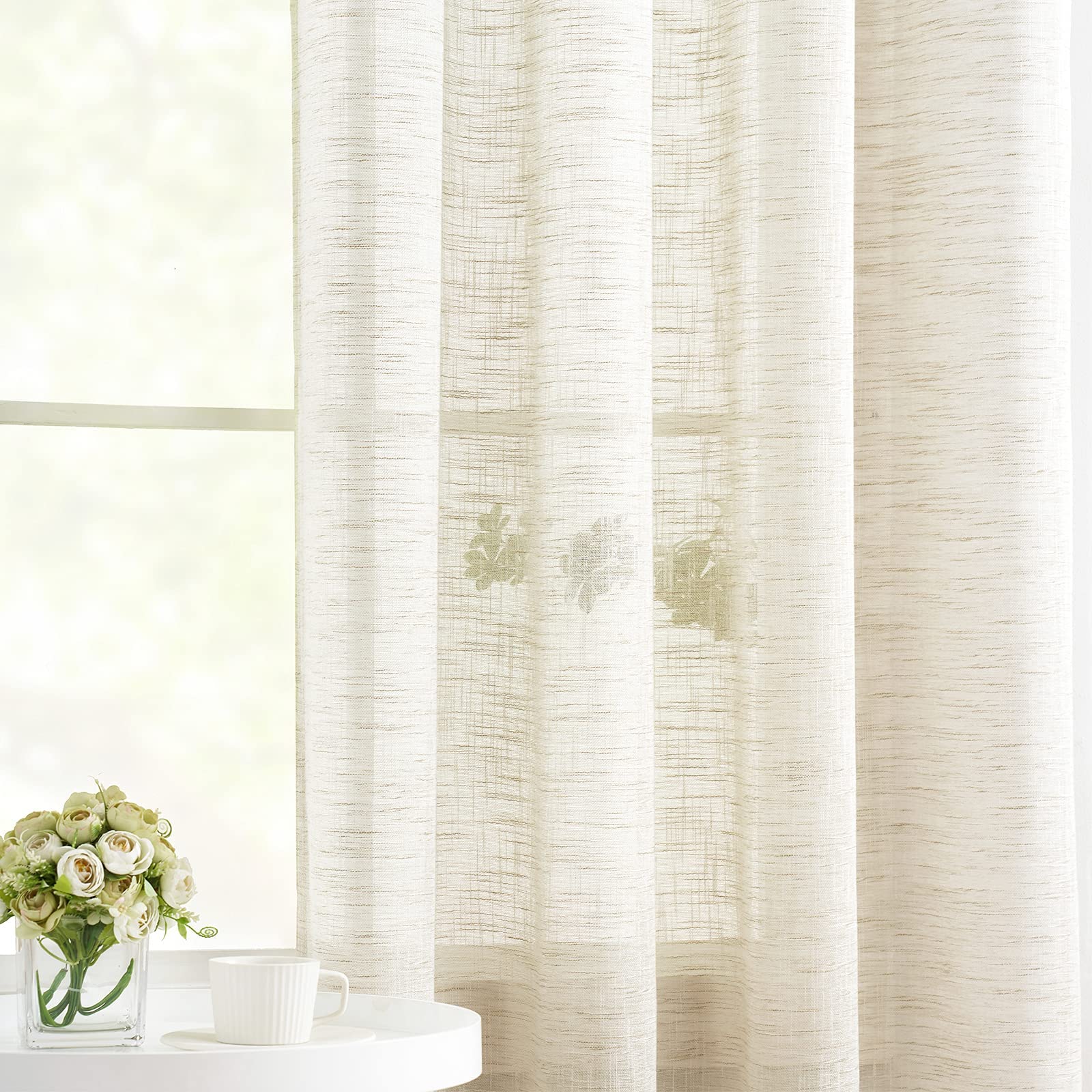 Linen Sheer Curtains 45Inch Natural Beige Semi Sheer Curtain Panels For Small Windows Rustic Farmhouse Privacy Window Treatment