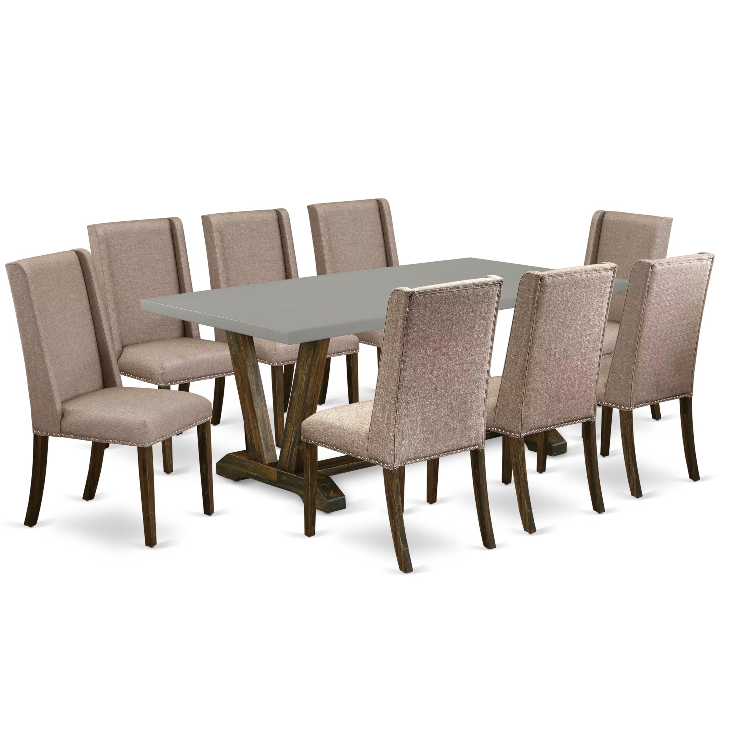 East West Furniture V797Fl716-9 9 Piece Dining Room Table Set Includes A Rectangle Dining Table With V-Legs And 8 Dark Khaki Linen Fabric Upholstered Chairs, 40X72 Inch, Multi-Color