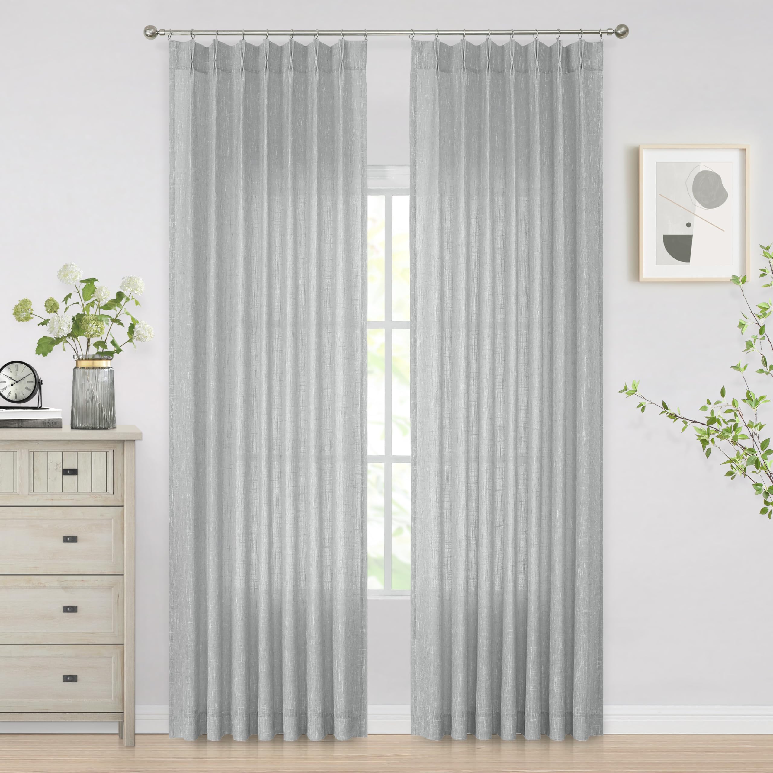 Vision Home Gray Pinch Pleated Semi Sheer Curtains Textured Light Filtering Window Curtains 108 Inches For Living Room Bedroom S