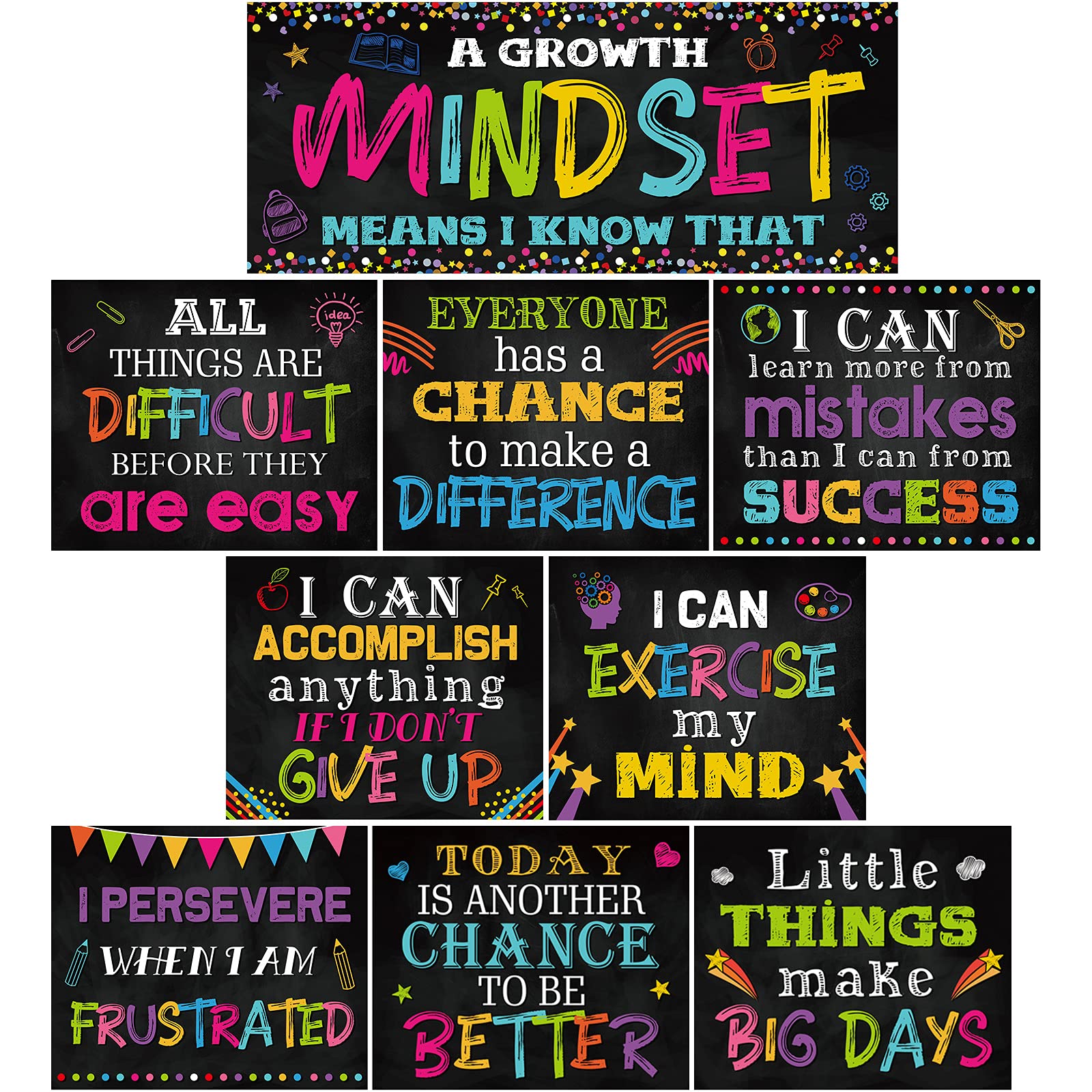 10 Pieces Classroom Motivational Posters Growth Mindset Banner Inspirational Bulletin Board Positive Wall Classroom Decoration F