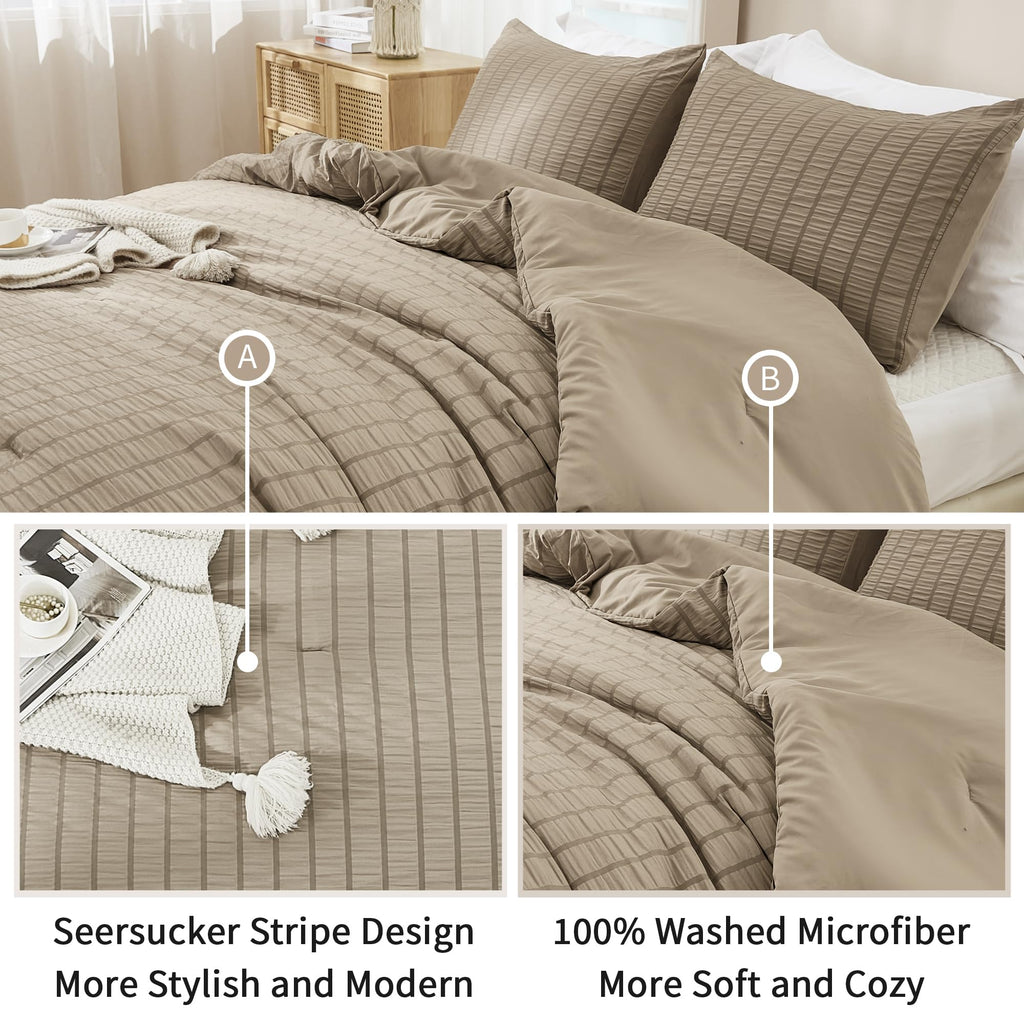 Avelom Taupe Seersucker Twin Comforter Set (68X90 Inches), 2 Pieces-100% Soft Washed Microfiber Lightweight Comforter With 1 Pillowcase, All Season Down Alternative Comforter Set For Bedding