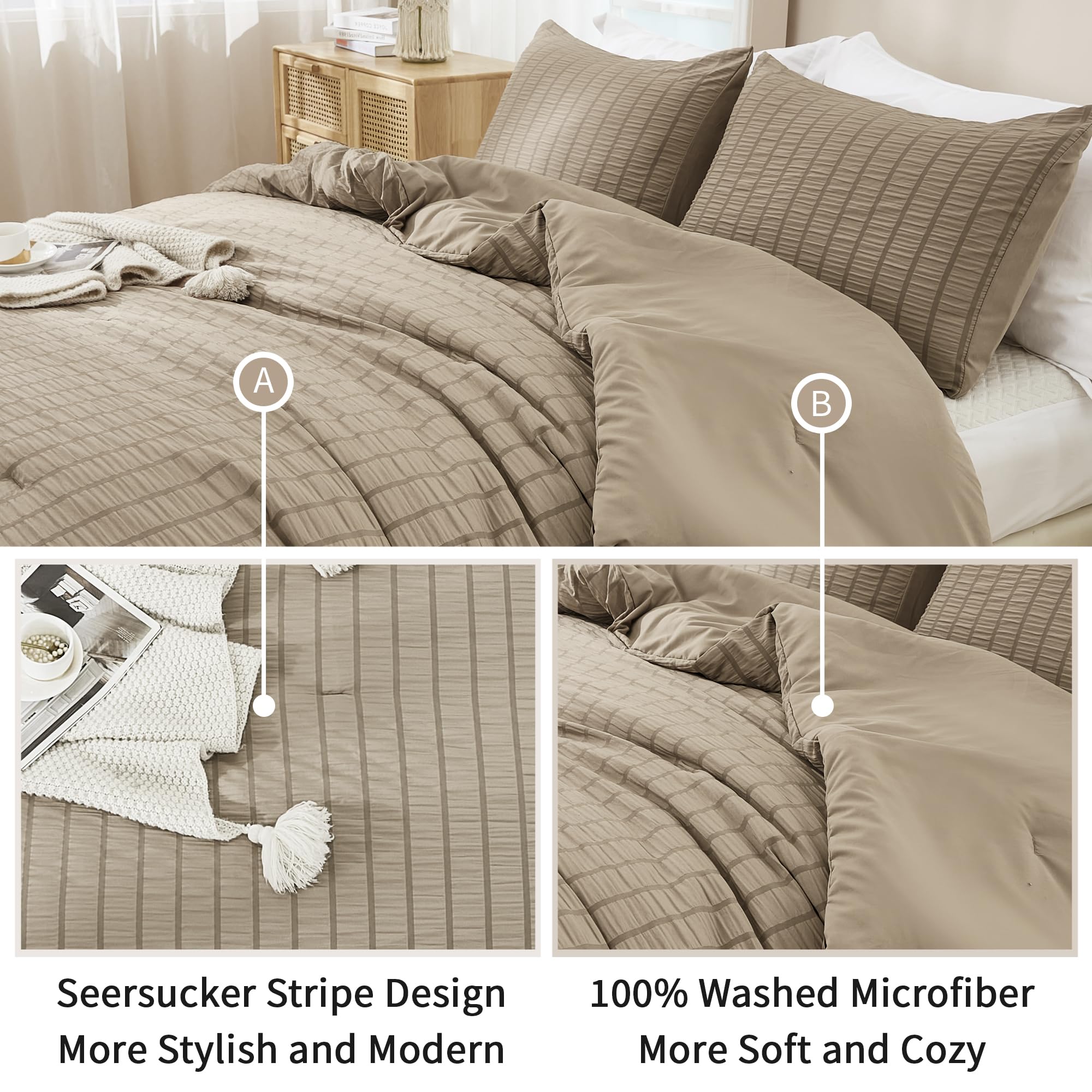 Avelom Taupe Seersucker Queen Comforter Set (90X90 Inches), 3 Pieces-100% Soft Washed Microfiber Lightweight Comforter With 2 Pillowcases, All Season Down Alternative Comforter Set For Bedding