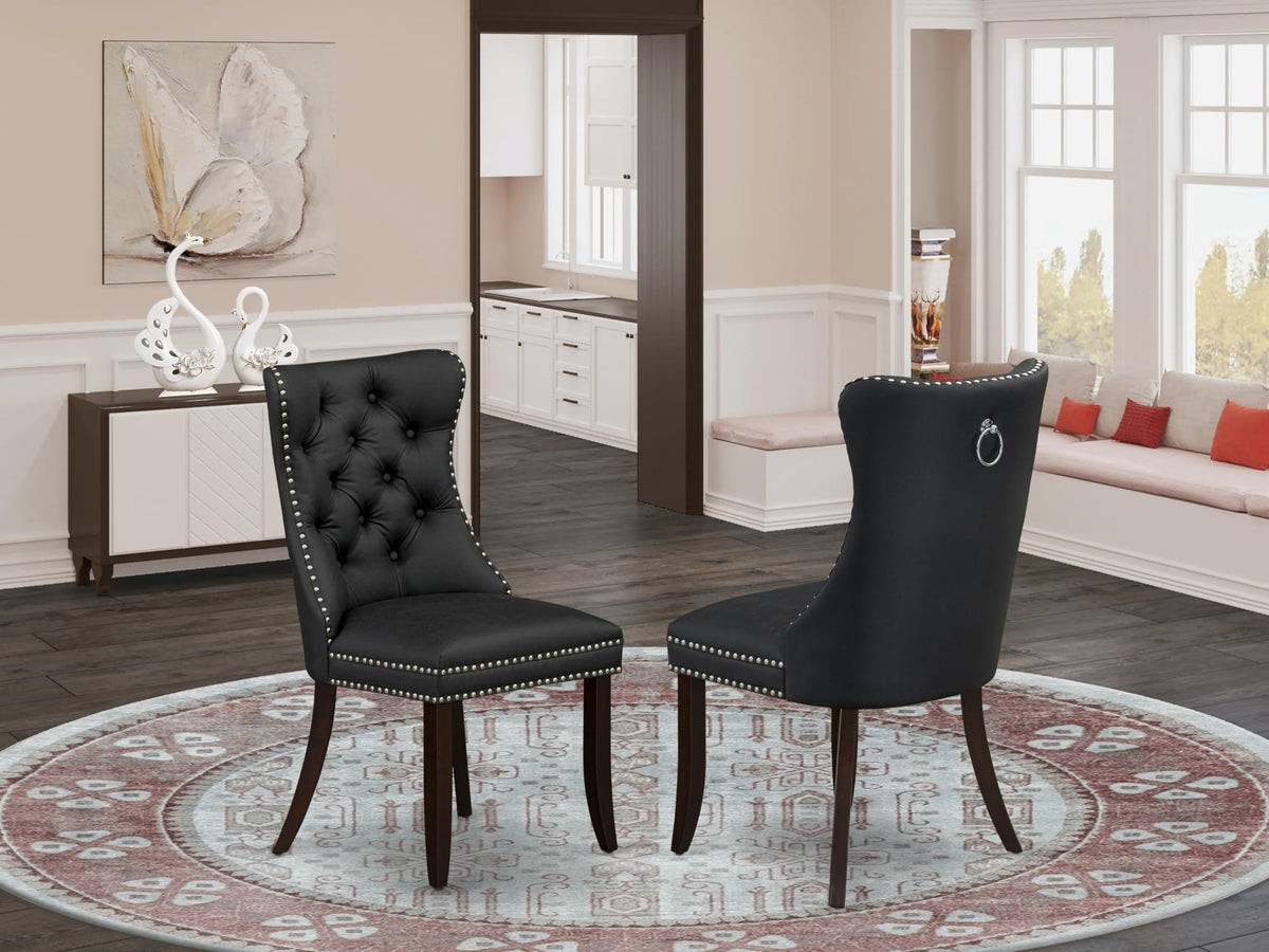 East West Furniture Dap3F12 Dallas Parson Dining Room Chairs - Button Tufted Nailhead Dark Gray Polyester Fabric Padded Chairs, Set Of 2, Mahogany