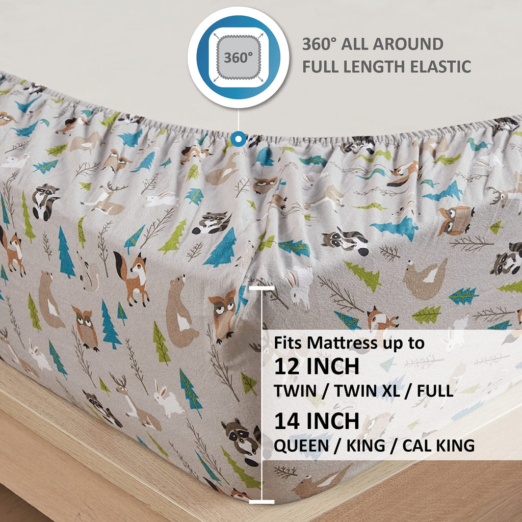 Comfort Spaces Cotton Flannel Breathable Warm, Deep Pocket Sheets With Pillow Case Bedding, King, Multi Forest Animals 4 Piece