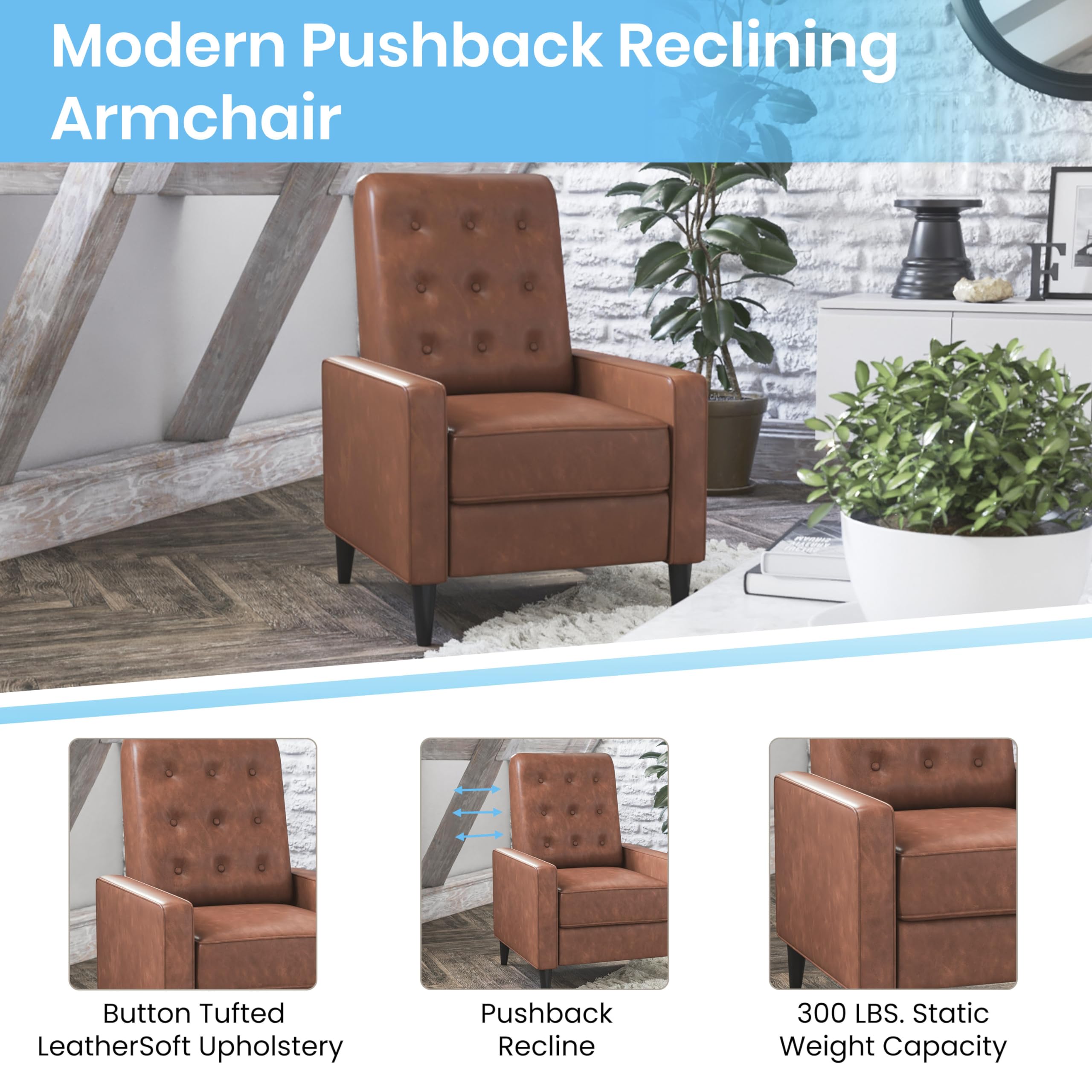 Flash Furniture Erza LeatherSoft Button Tufted Pushback Recliner, Mid-Century Modern Recliner Chair for Residential and Commercial Use, Cognac Brown