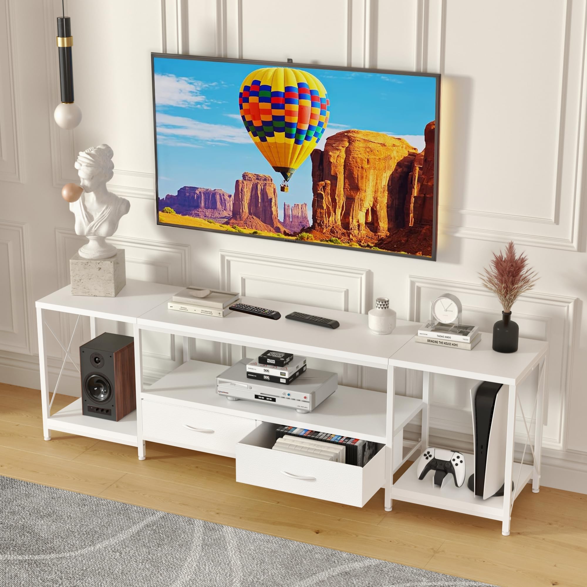 Gyiiyuo Tv Stand With Fabric Drawers For 55 60 65 Inches Tv - Entertainment Center And Industrial Tv Console Table With Open Sto