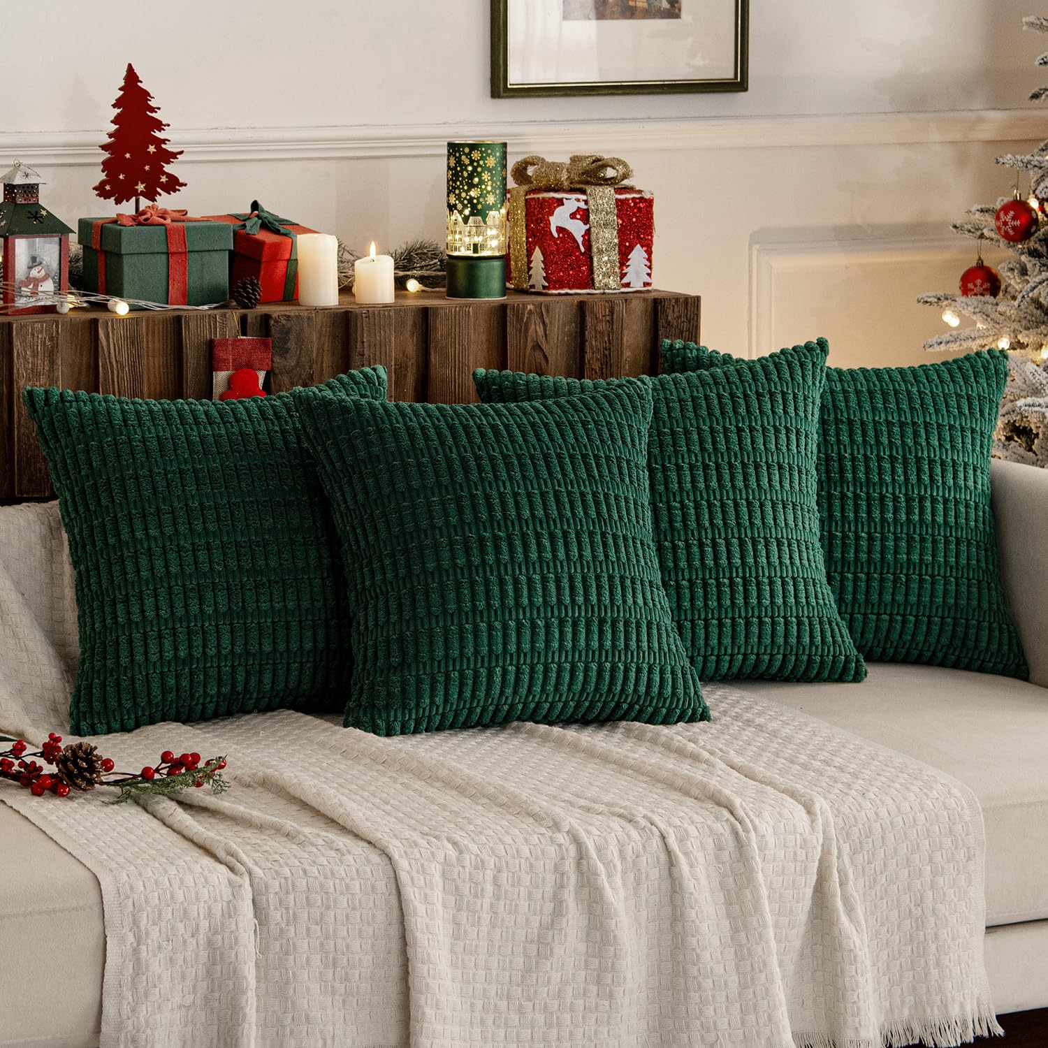 Miulee Pack Of 4 Dark Green Corduroy Decorative Throw Pillow Covers 18X18 Inch Soft Boho Striped Pillow Covers Modern Farmhouse Home Decor For Sofa Living Room Couch Bed