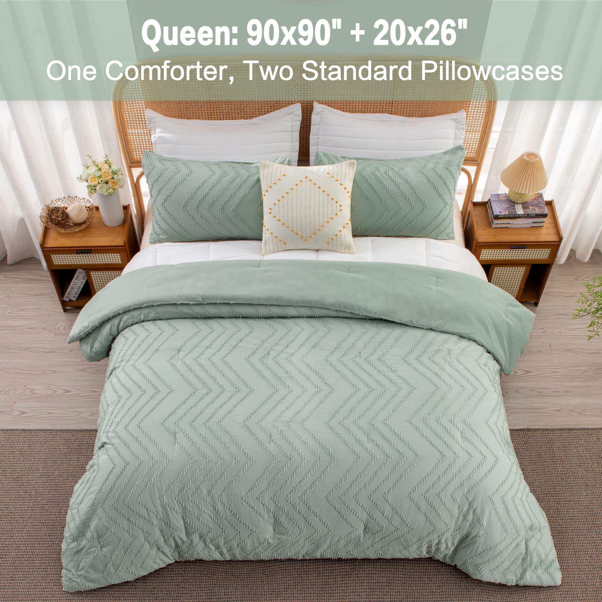 Litanika Sage Green Queen Size Comforter Sets, 3 Pieces Lightweight Chevron Tufted Bedding Comforter Set, Fluffy Down Alternativ