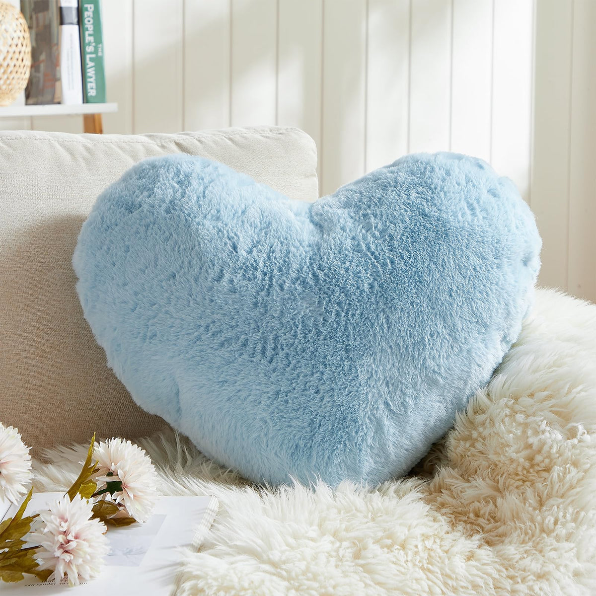 Easttree Heart Pillows, Light Blue Heart Shaped Pillows, Love Throw Pillows Gifts, Ultra Faux Rabbit Fur Soft Small Cute Fluffy