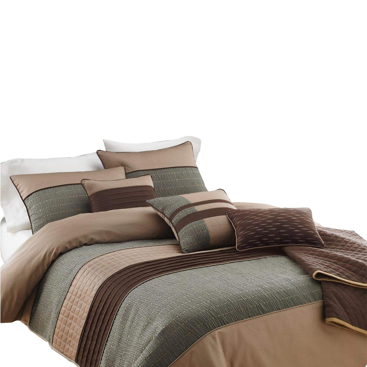 Benjara 7 Piece Queen Comforter Set With Pleats And Texture, Gray And Brown