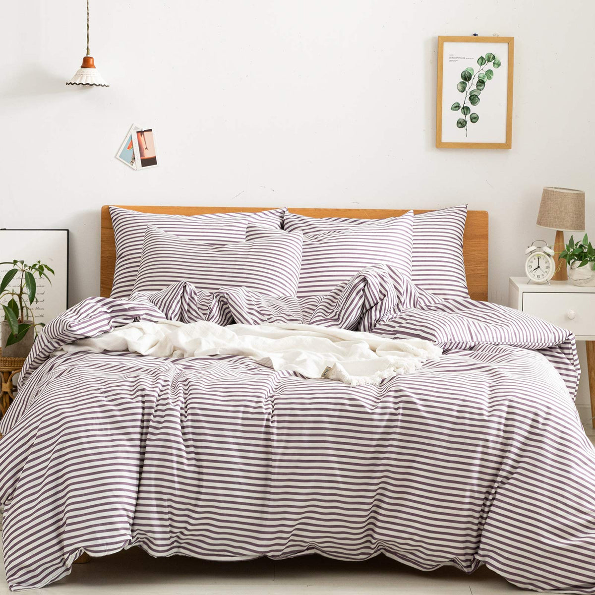 Jellymoni 100% Natural Cotton 2Pcs Striped Duvet Cover Sets,White Duvet Cover With Purple Stripes Pattern Printed Comforter Cove