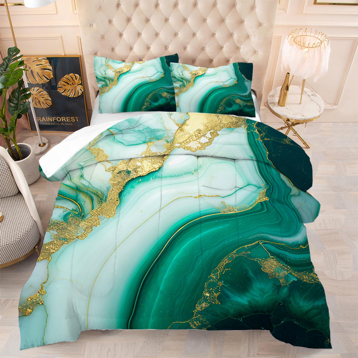 Edgzko Comforter Set Green Marble: Twin Size Emerald Green Gold Bedding Set For Teen Girls Kids Adults Abstract Turquoise Waterc